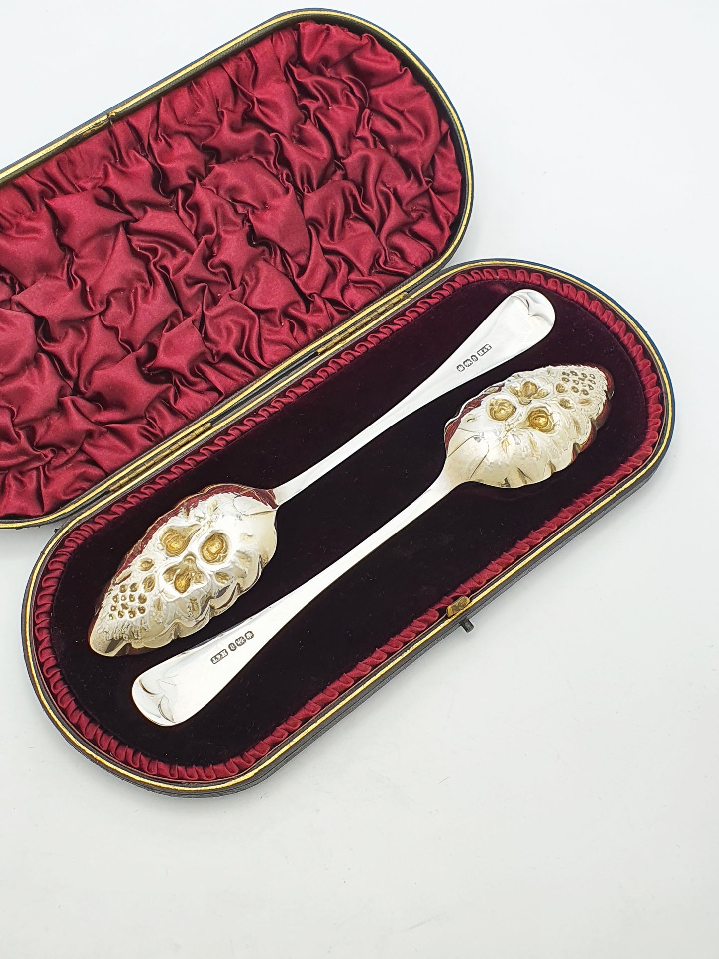 Pair of Antique Victorian Sterling Silver Gilt Berry Spoons with Engraved Handles  - 1896