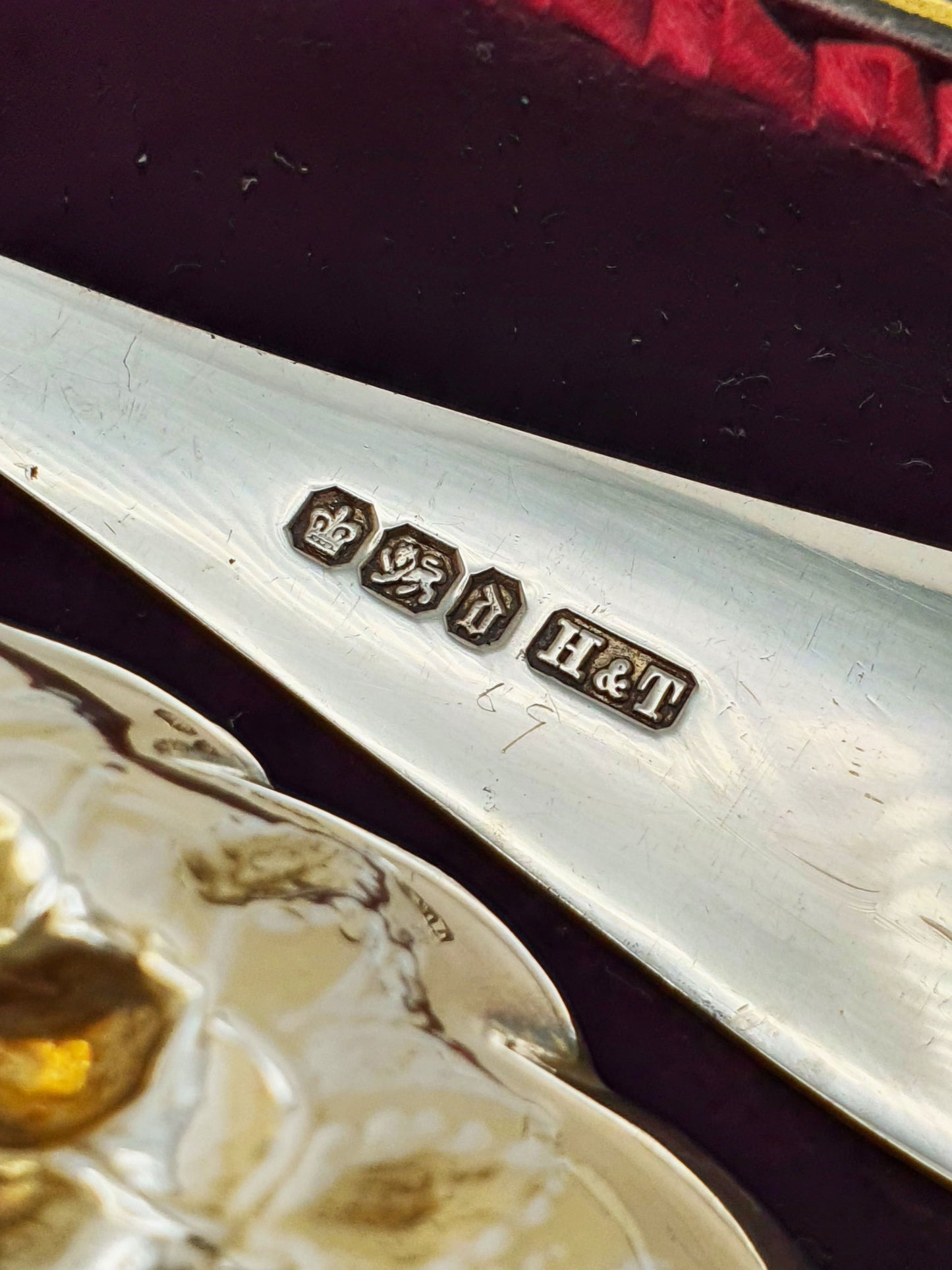 Pair of Antique Victorian Sterling Silver Gilt Berry Spoons with Engraved Handles  - 1896