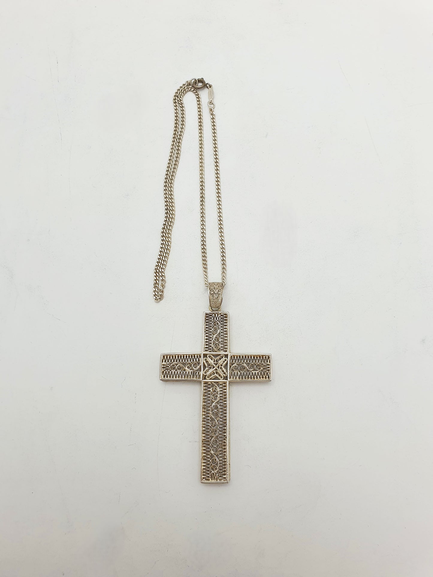 Lovely Antique Silver Filigree Cross Pendant Necklace – circa 1900