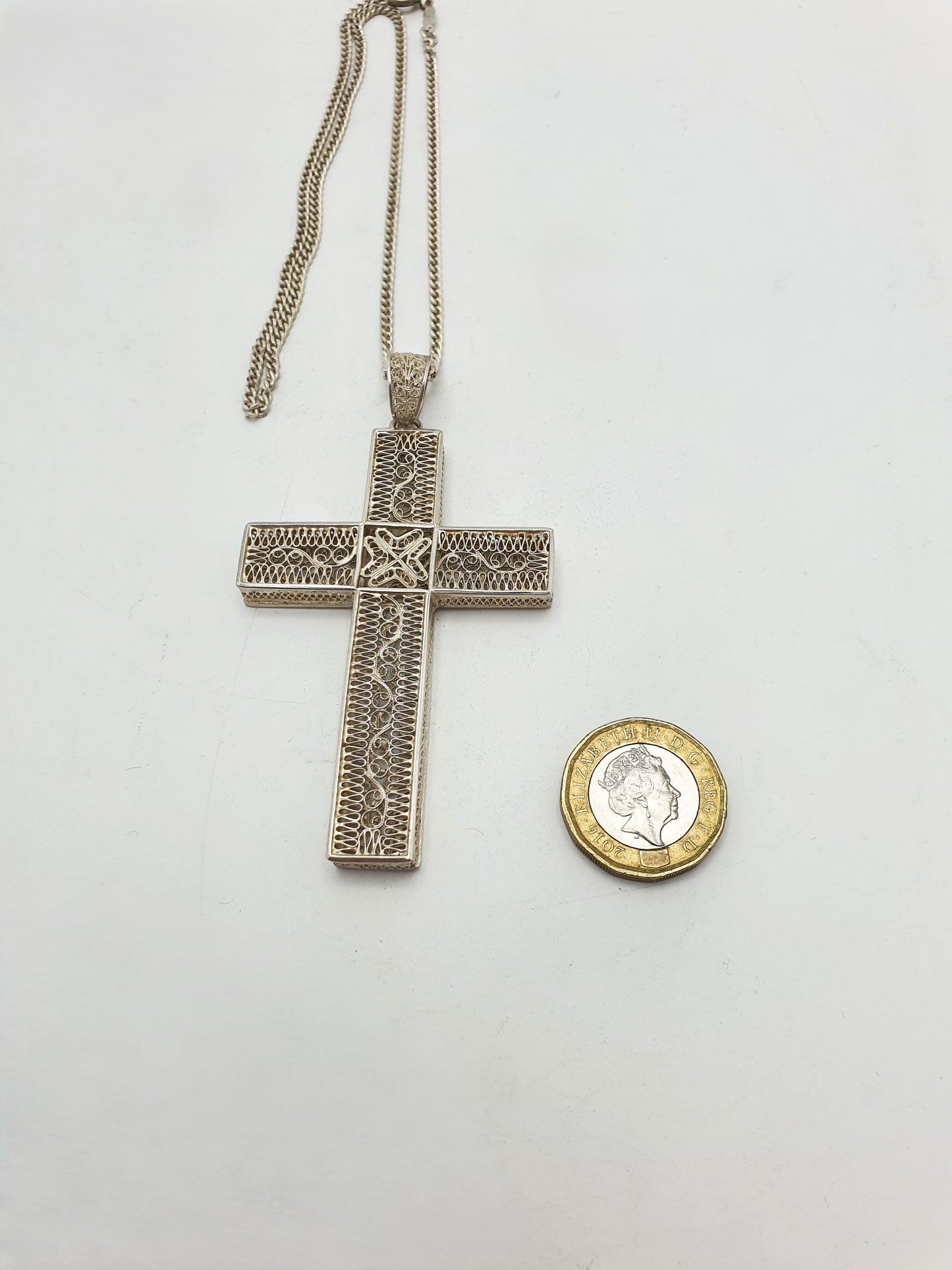 Lovely Antique Silver Filigree Cross Pendant Necklace – circa 1900