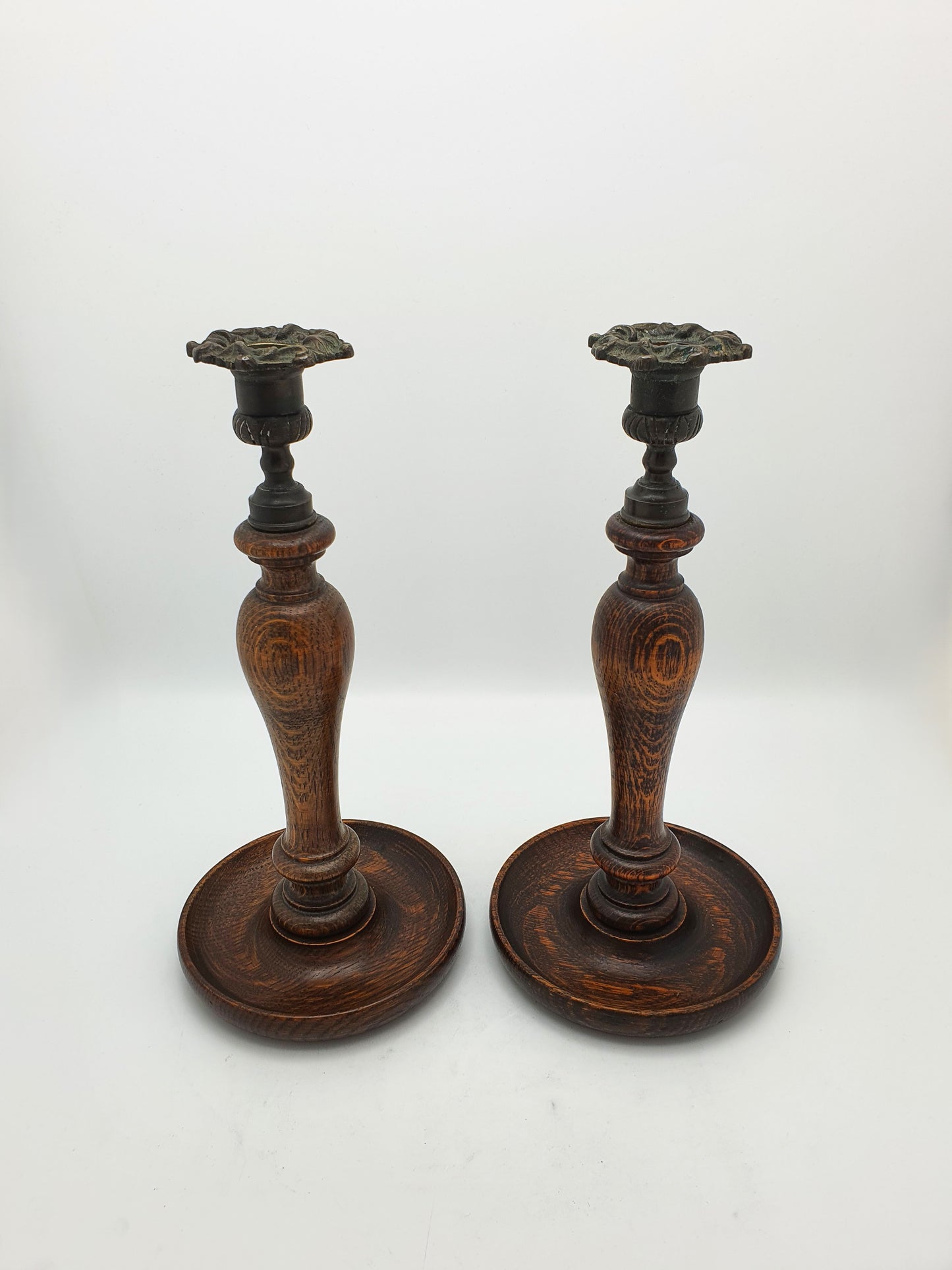 Lovely Pair of Turned Oak and Brass Candlesticks – circa 1920