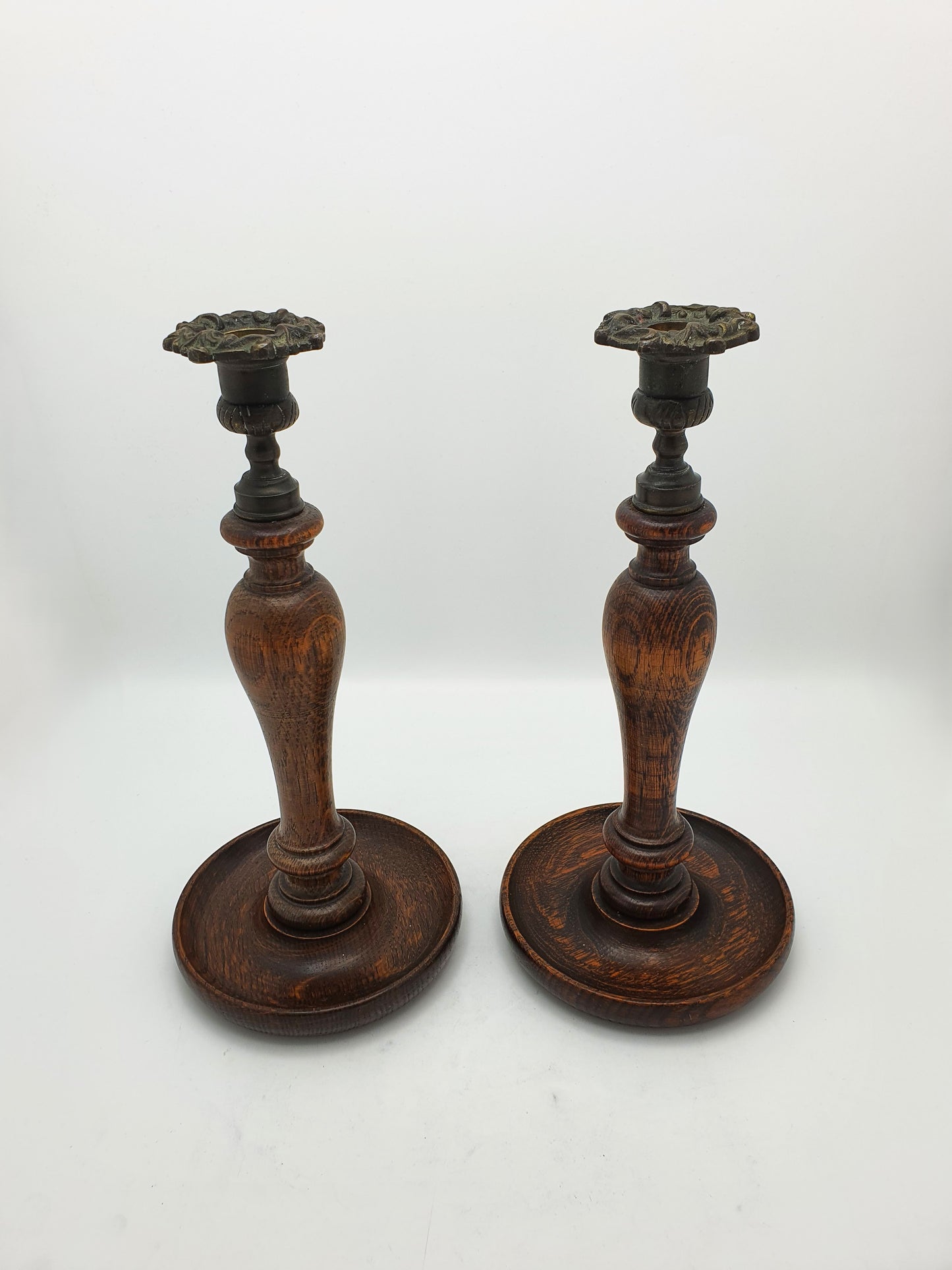 Lovely Pair of Turned Oak and Brass Candlesticks – circa 1920