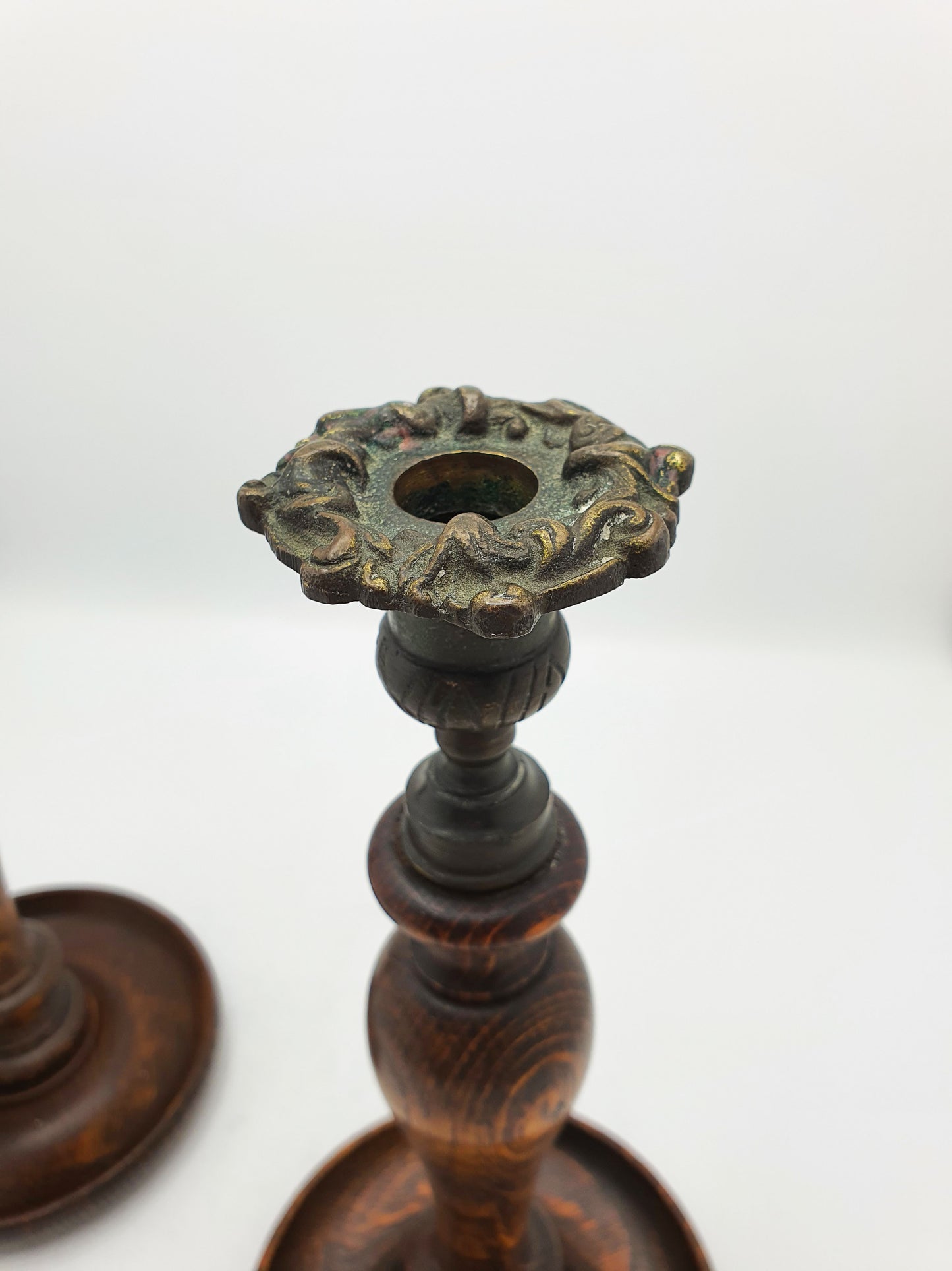 Lovely Pair of Turned Oak and Brass Candlesticks – circa 1920