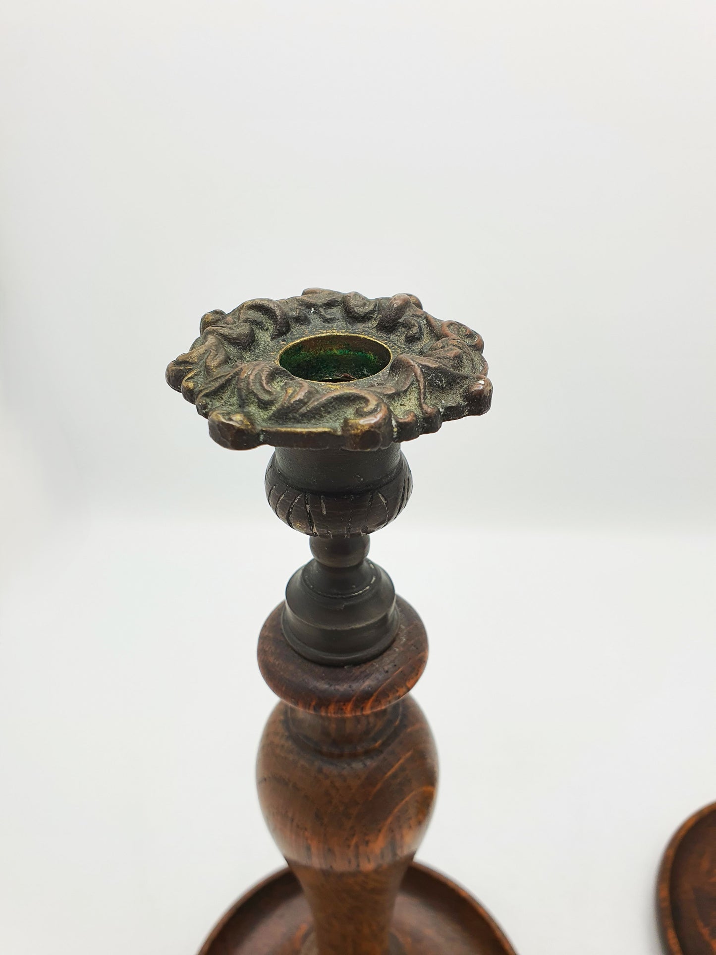Lovely Pair of Turned Oak and Brass Candlesticks – circa 1920