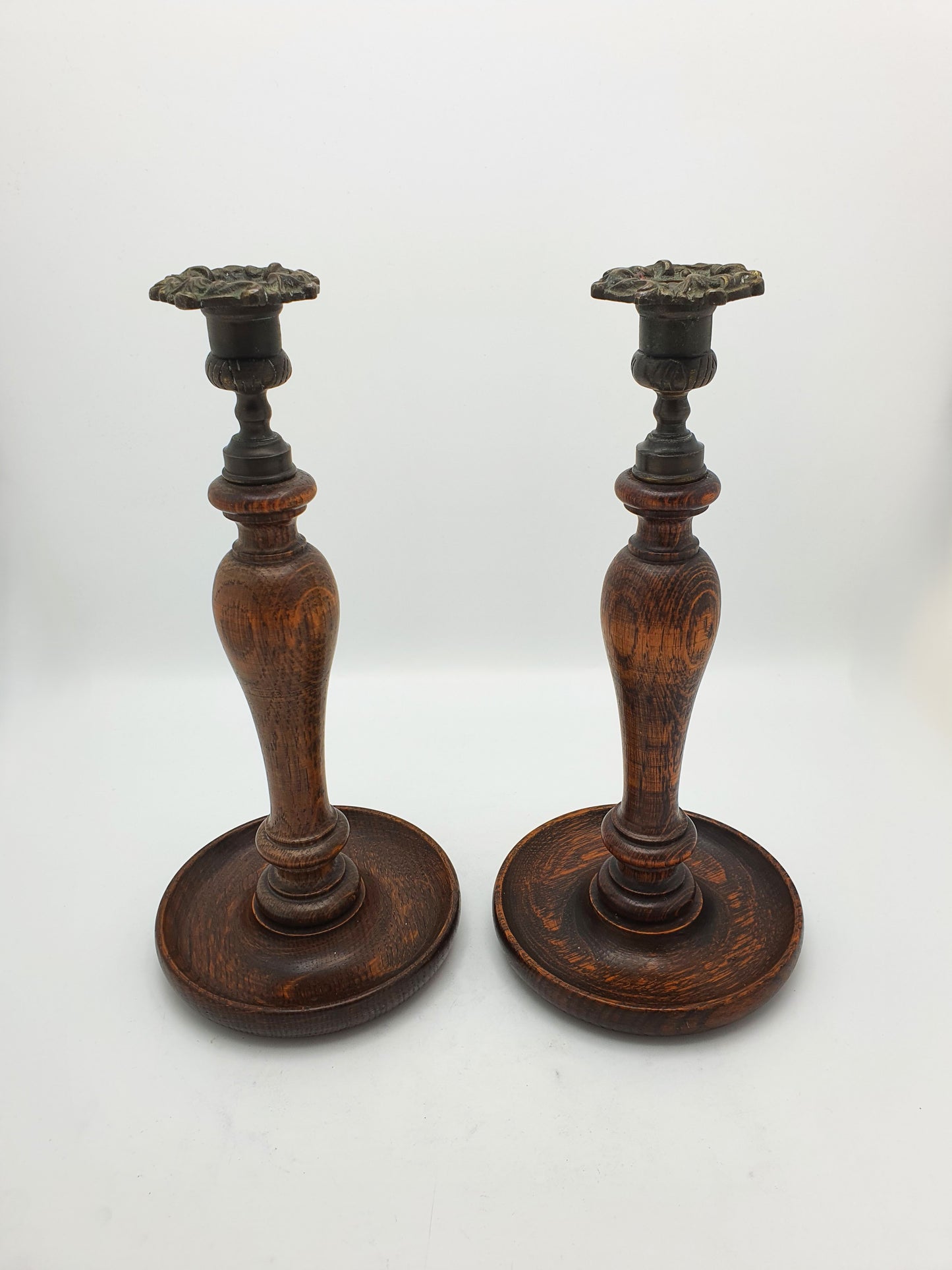 Lovely Pair of Turned Oak and Brass Candlesticks – circa 1920