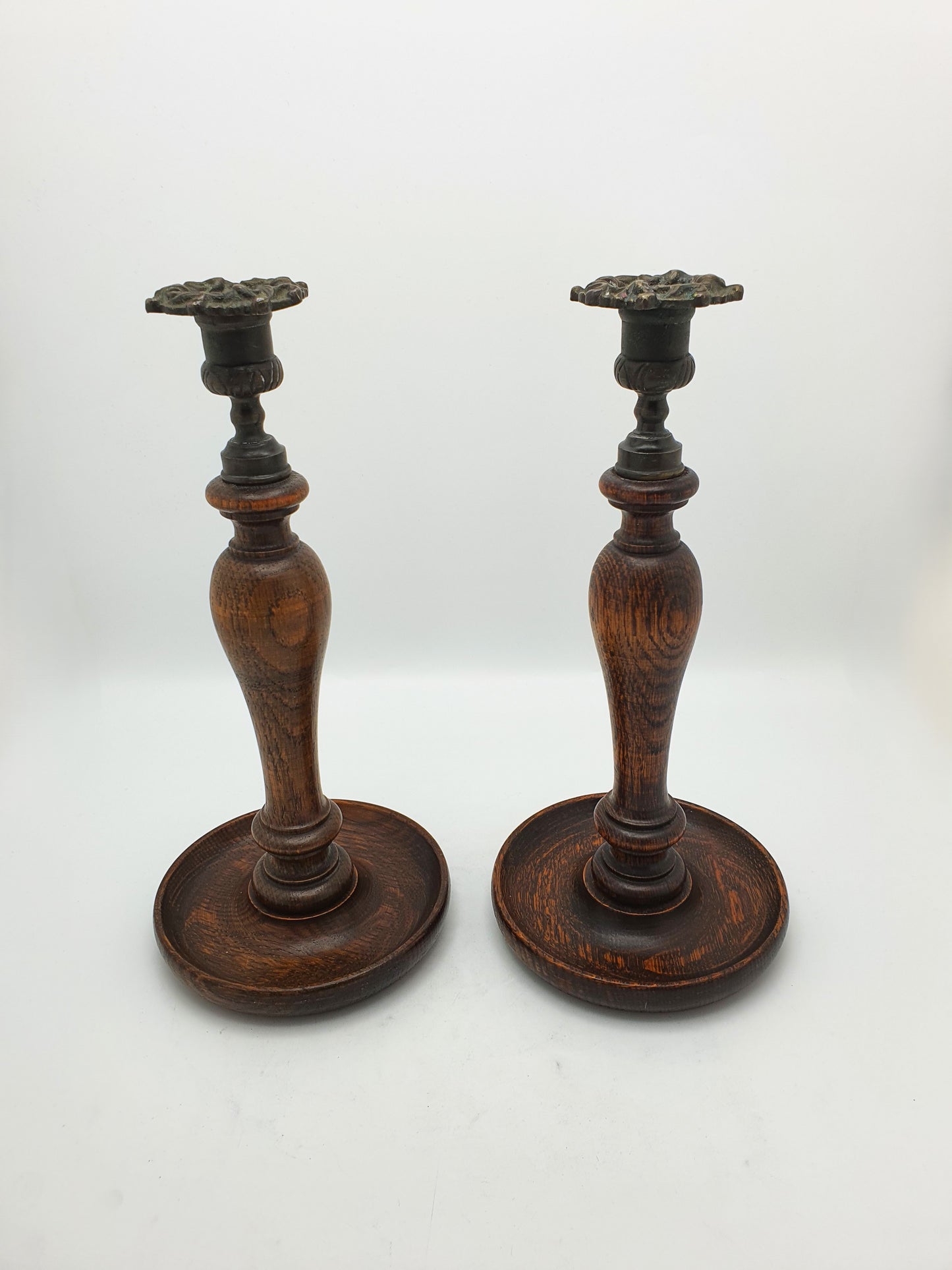 Lovely Pair of Turned Oak and Brass Candlesticks – circa 1920