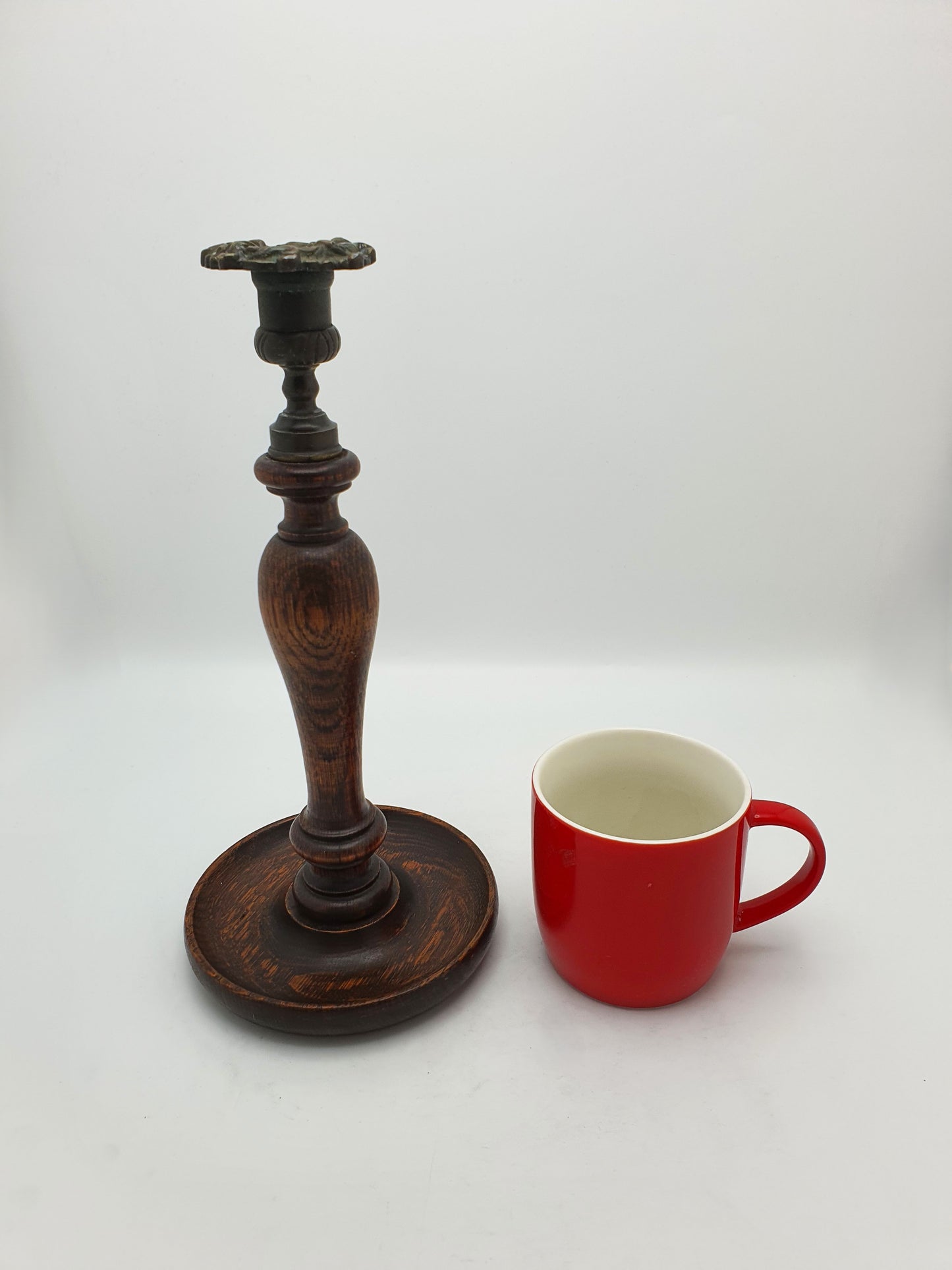 Lovely Pair of Turned Oak and Brass Candlesticks – circa 1920