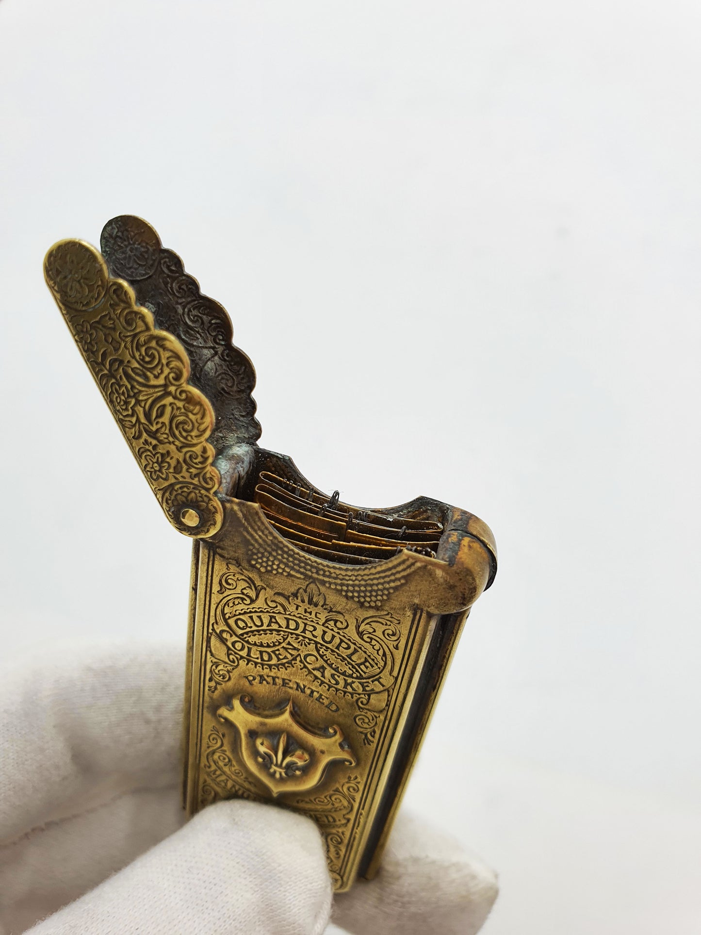 Antique Victorian Brass “Quadruble Golden Casket” Needle Case – circa 1890
