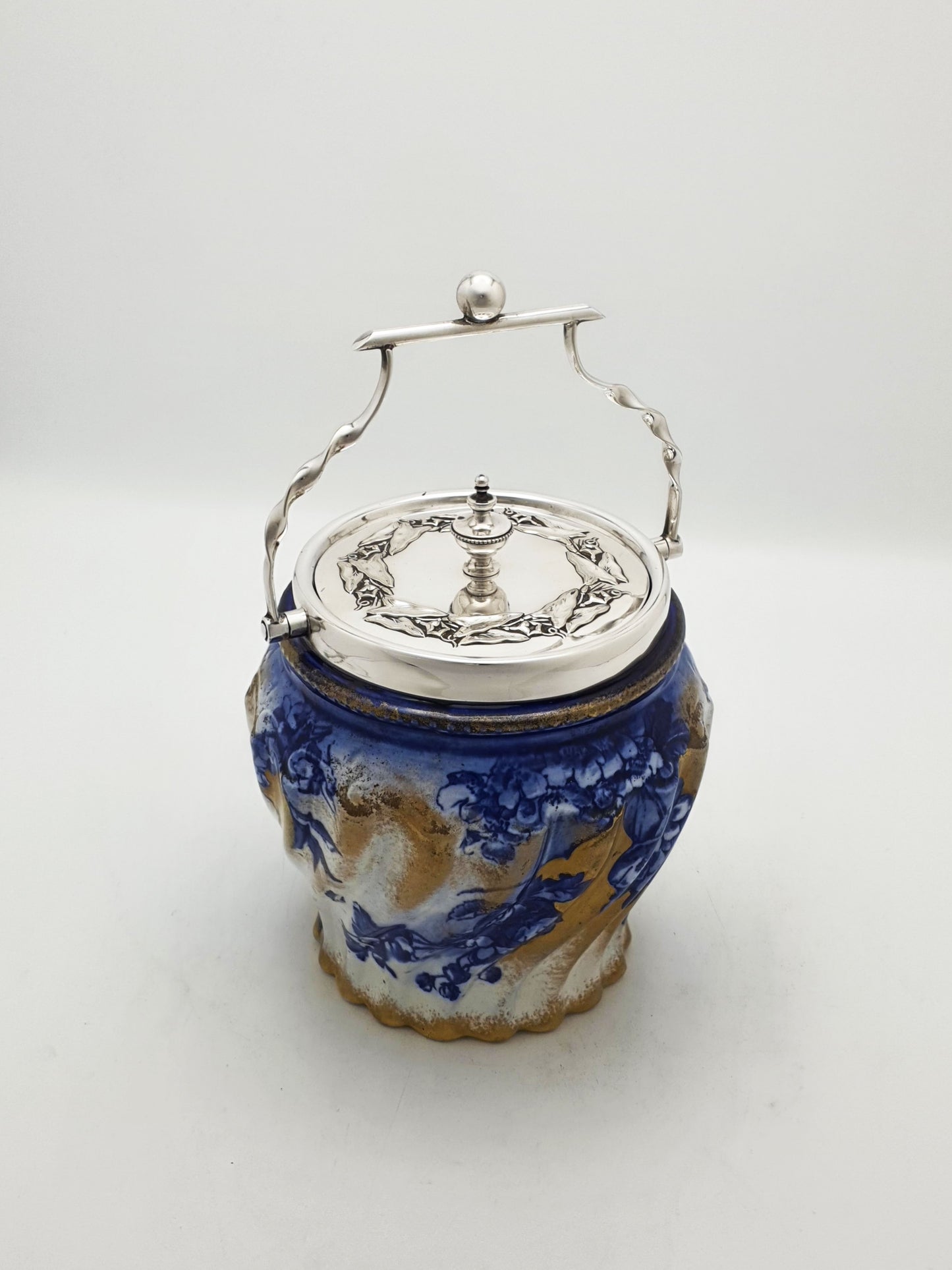 Lovely Antique Edwardian Flow Blue & White Biscuit Barrel – circa 1905