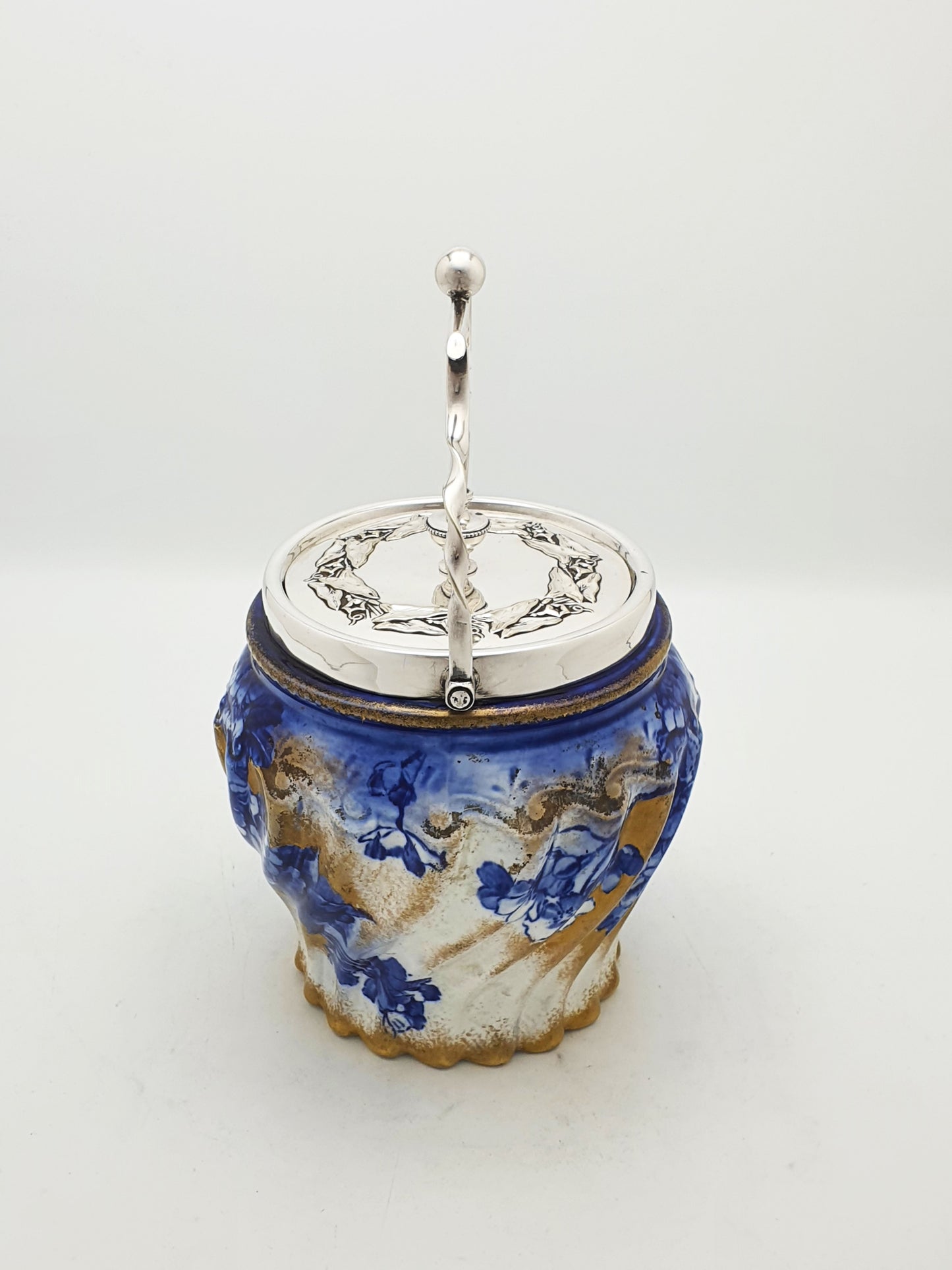Lovely Antique Edwardian Flow Blue & White Biscuit Barrel – circa 1905