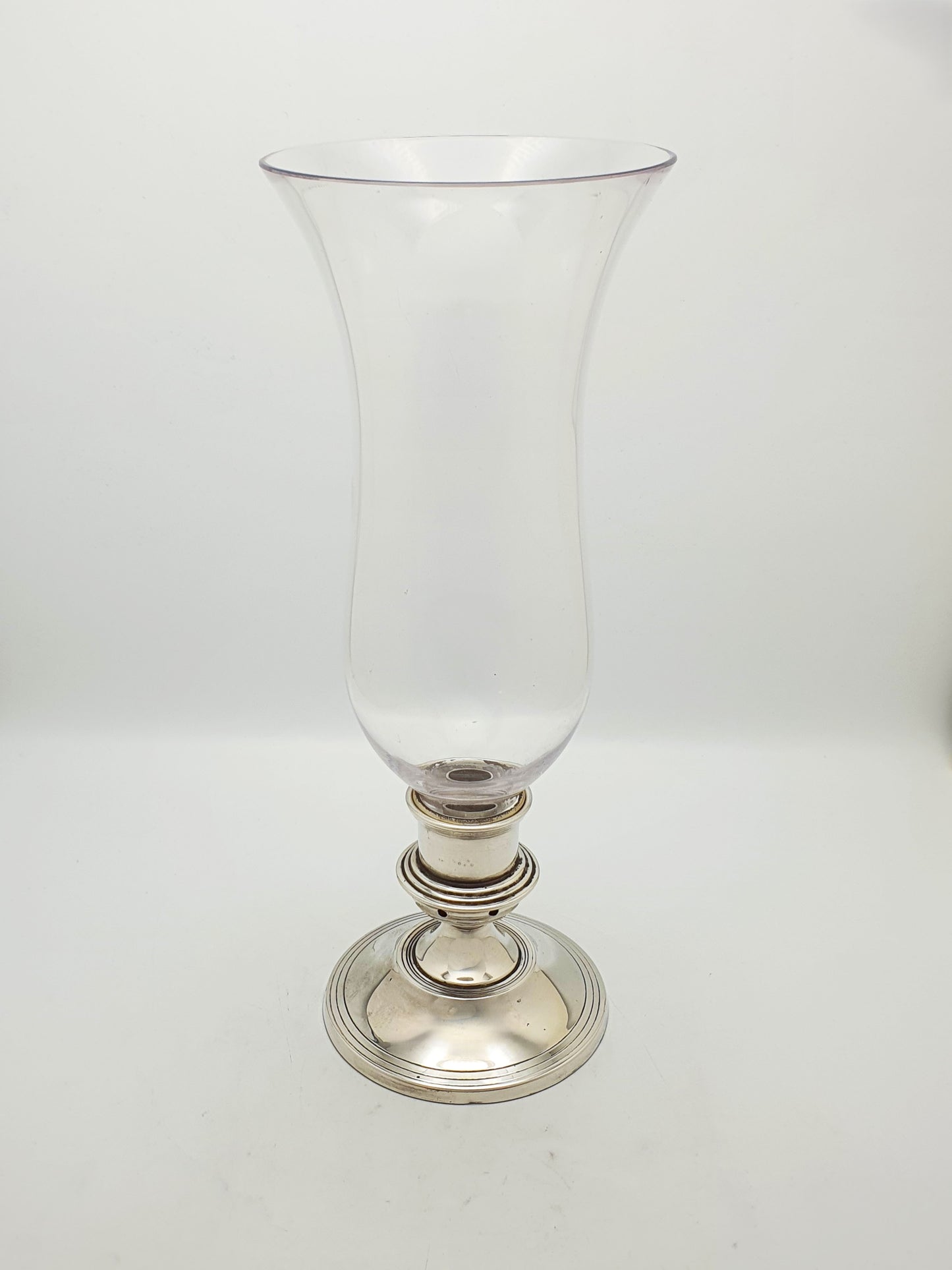 Nice Vintage Silver Plated Hurricane Lamp With Clear Glass Shade – circa 1960