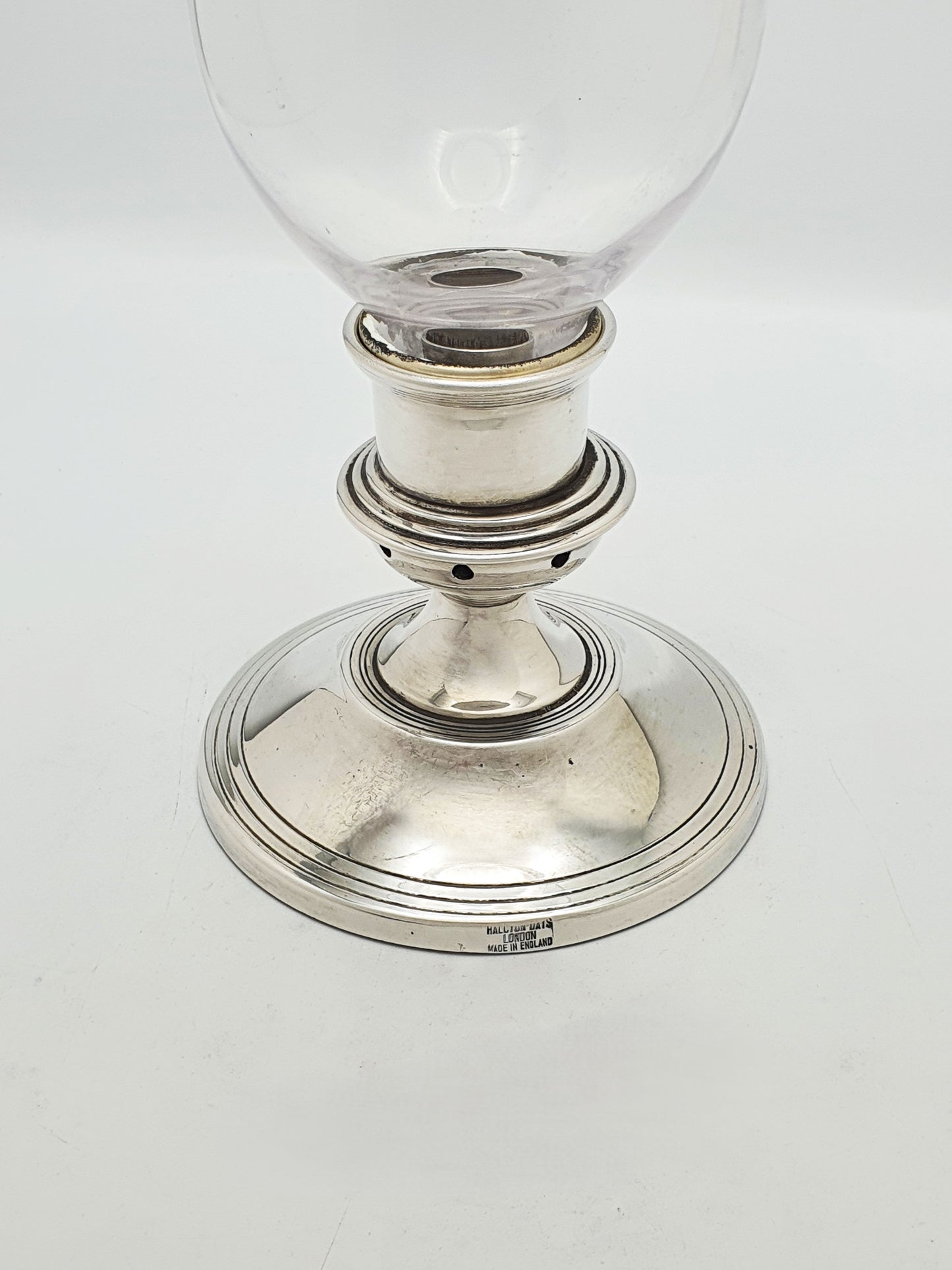 Nice Vintage Silver Plated Hurricane Lamp With Clear Glass Shade – circa 1960