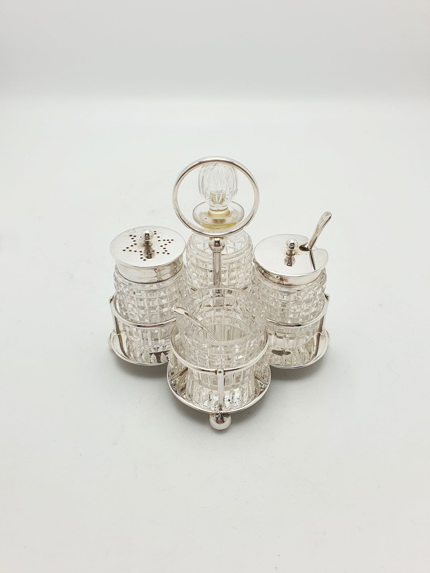 Antique Silver Plated And Cut Glass Condiment Set – circa 1920