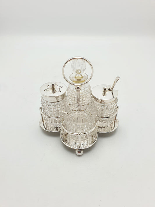 Antique Silver Plated And Cut Glass Condiment Set – circa 1920