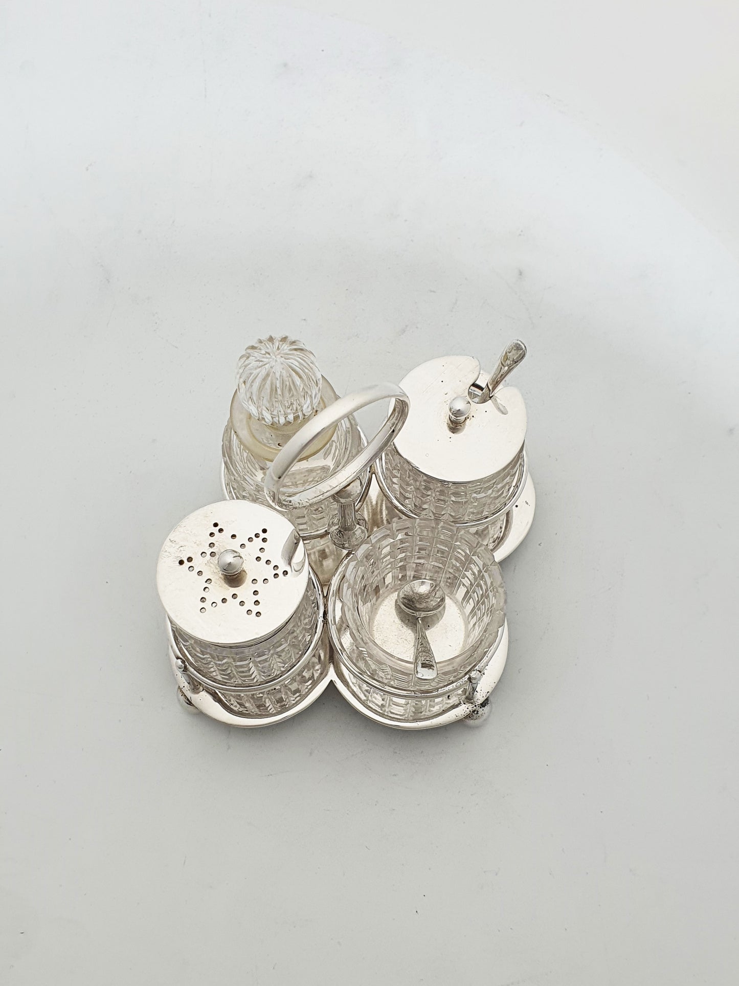 Antique Silver Plated And Cut Glass Condiment Set – circa 1920
