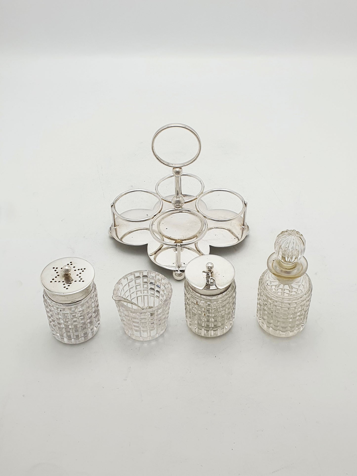 Antique Silver Plated And Cut Glass Condiment Set – circa 1920