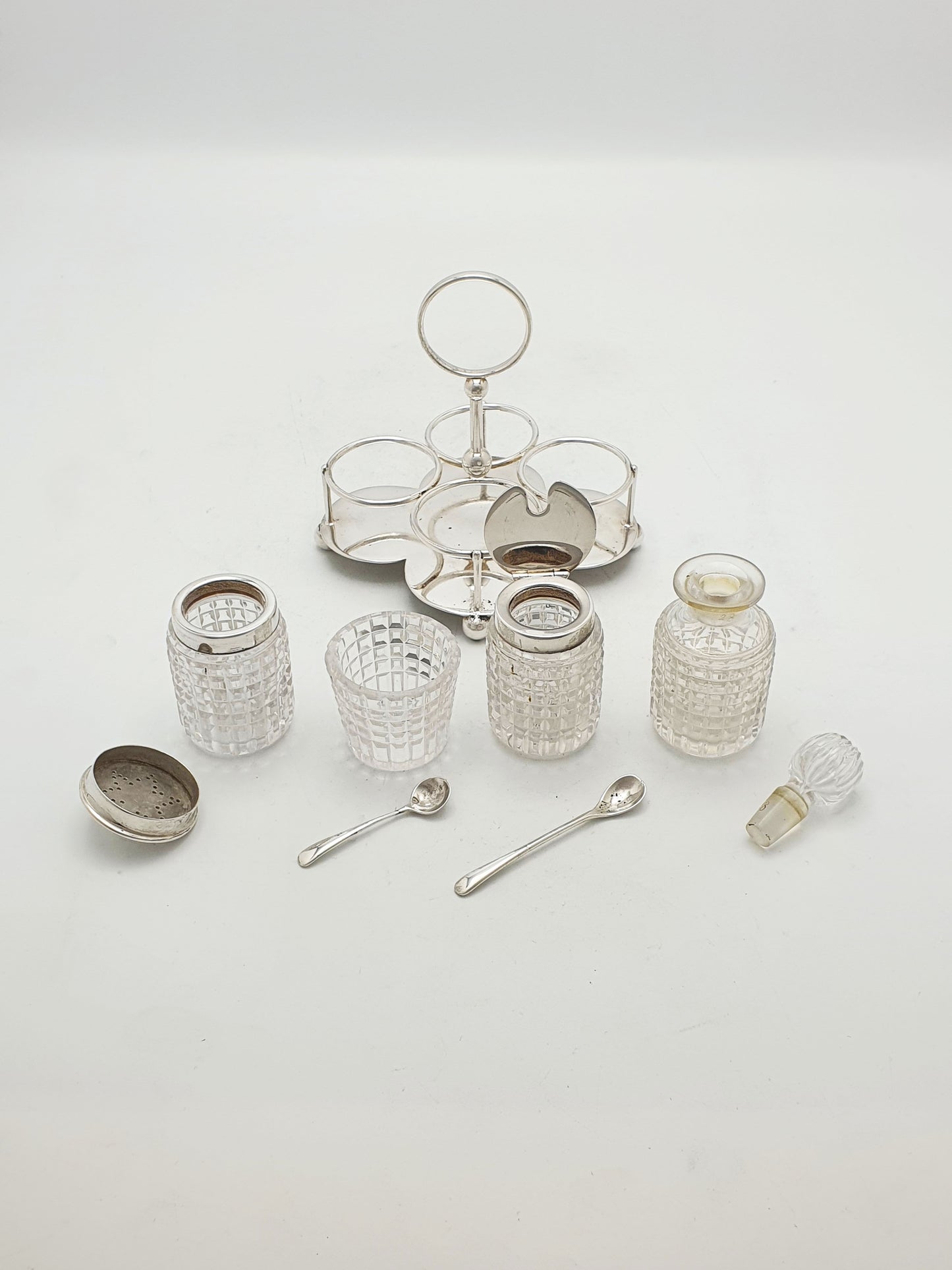 Antique Silver Plated And Cut Glass Condiment Set – circa 1920