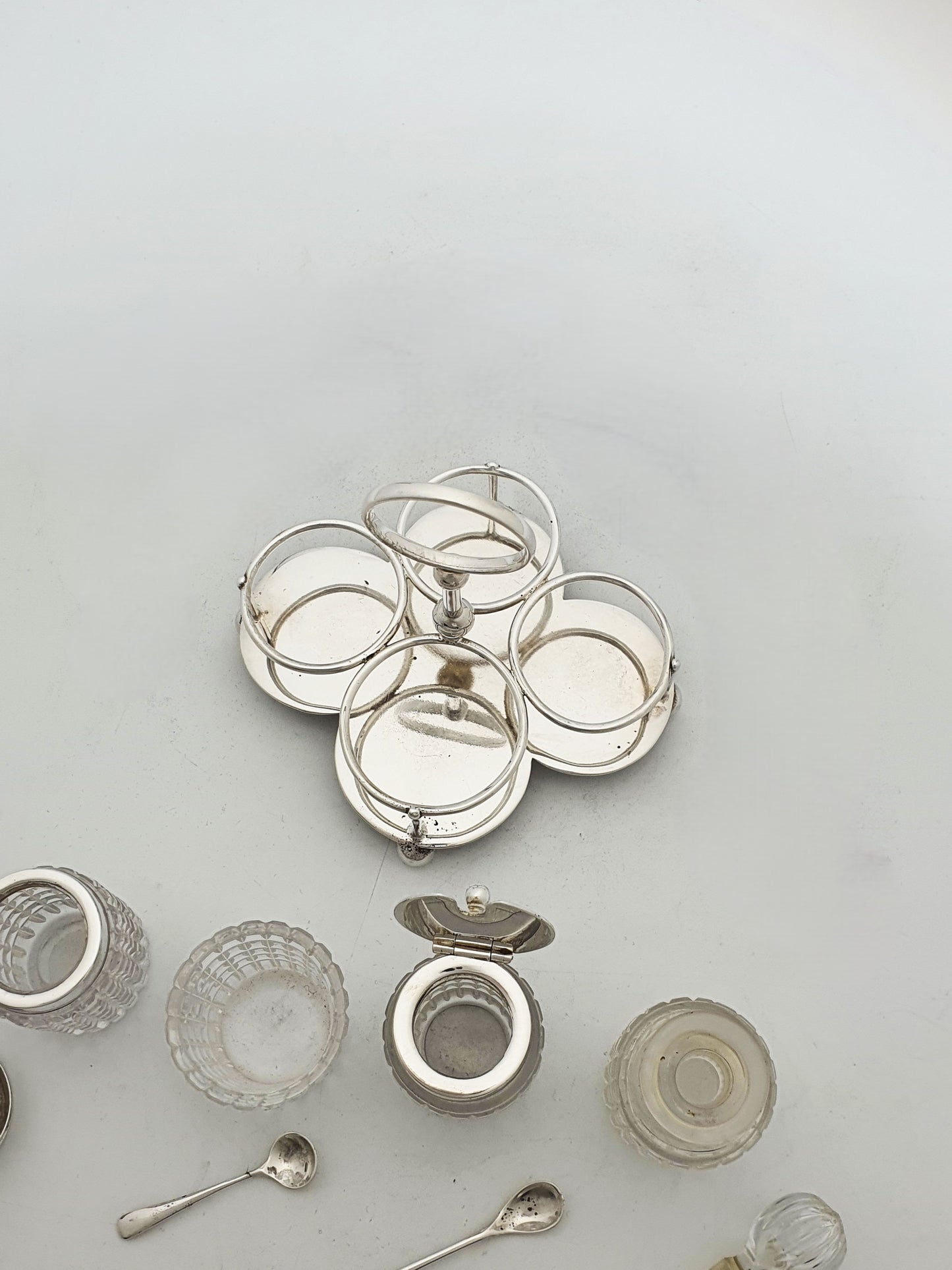 Antique Silver Plated And Cut Glass Condiment Set – circa 1920