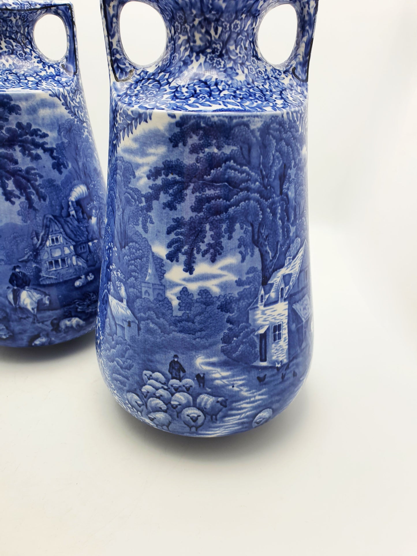 Lovely Large Pair of J. Kent Fenton Blue & White Transferware Vase – circa 1920