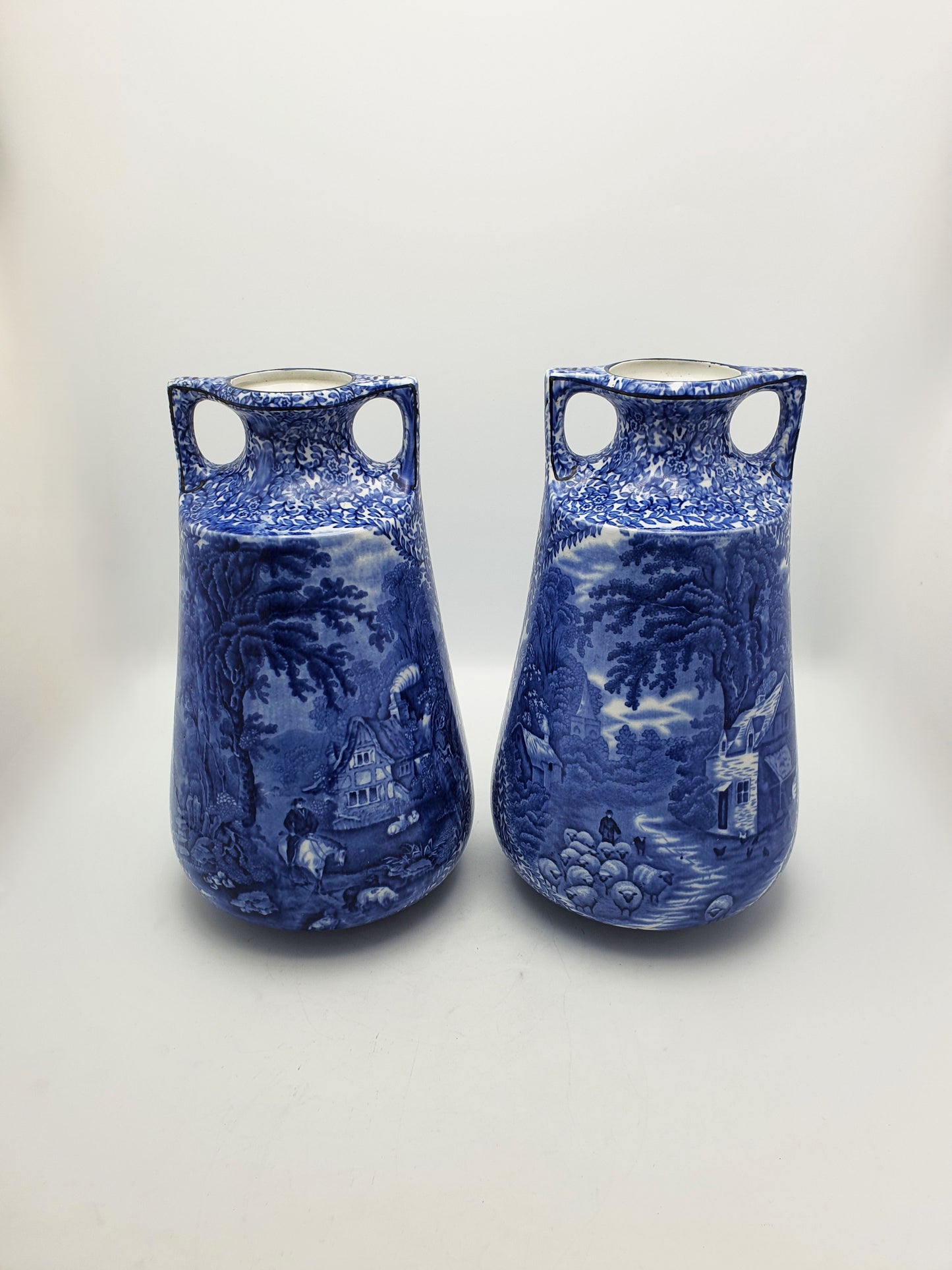 Lovely Large Pair of J. Kent Fenton Blue & White Transferware Vase – circa 1920