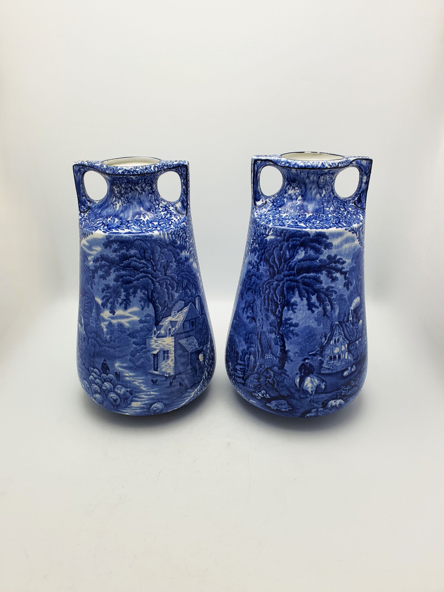 Lovely Large Pair of J. Kent Fenton Blue & White Transferware Vase – circa 1920