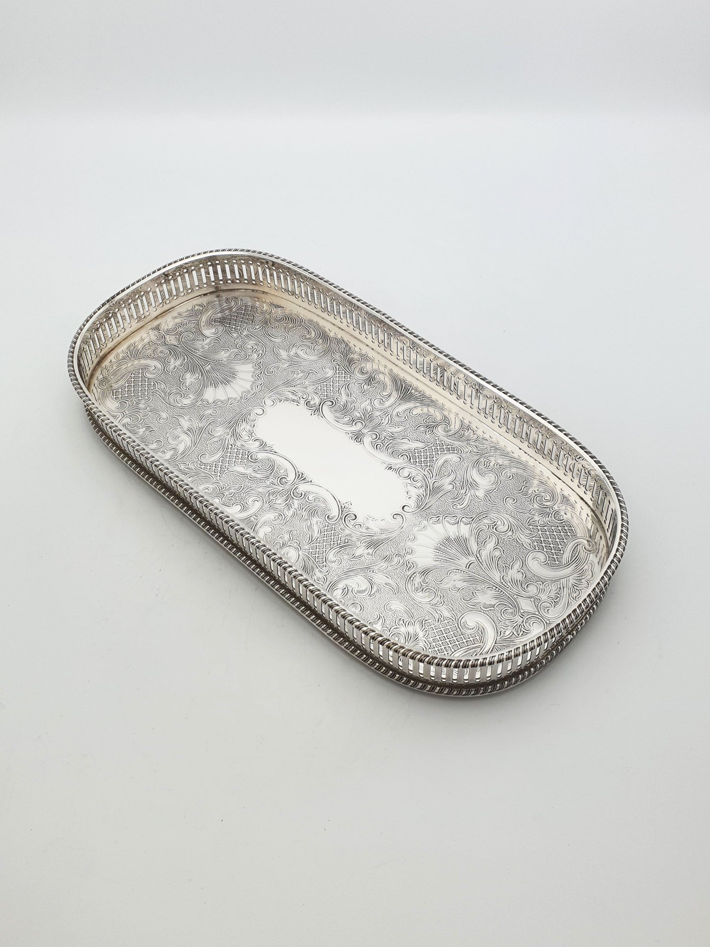 Vintage Silver Plated Oblong Drinks Tray With Engraved Scrollwork – circa 1960