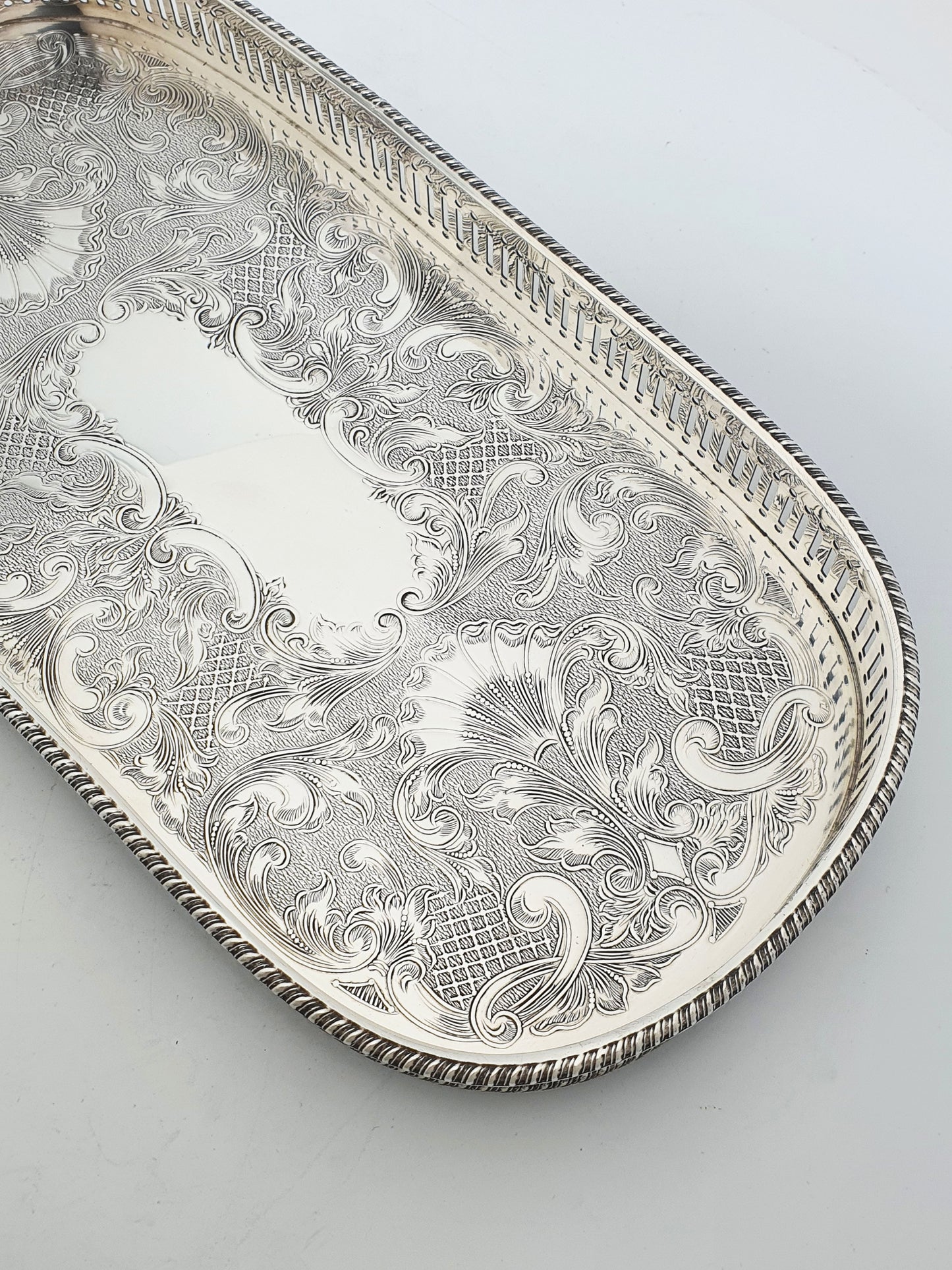 Vintage Silver Plated Oblong Drinks Tray With Engraved Scrollwork – circa 1960
