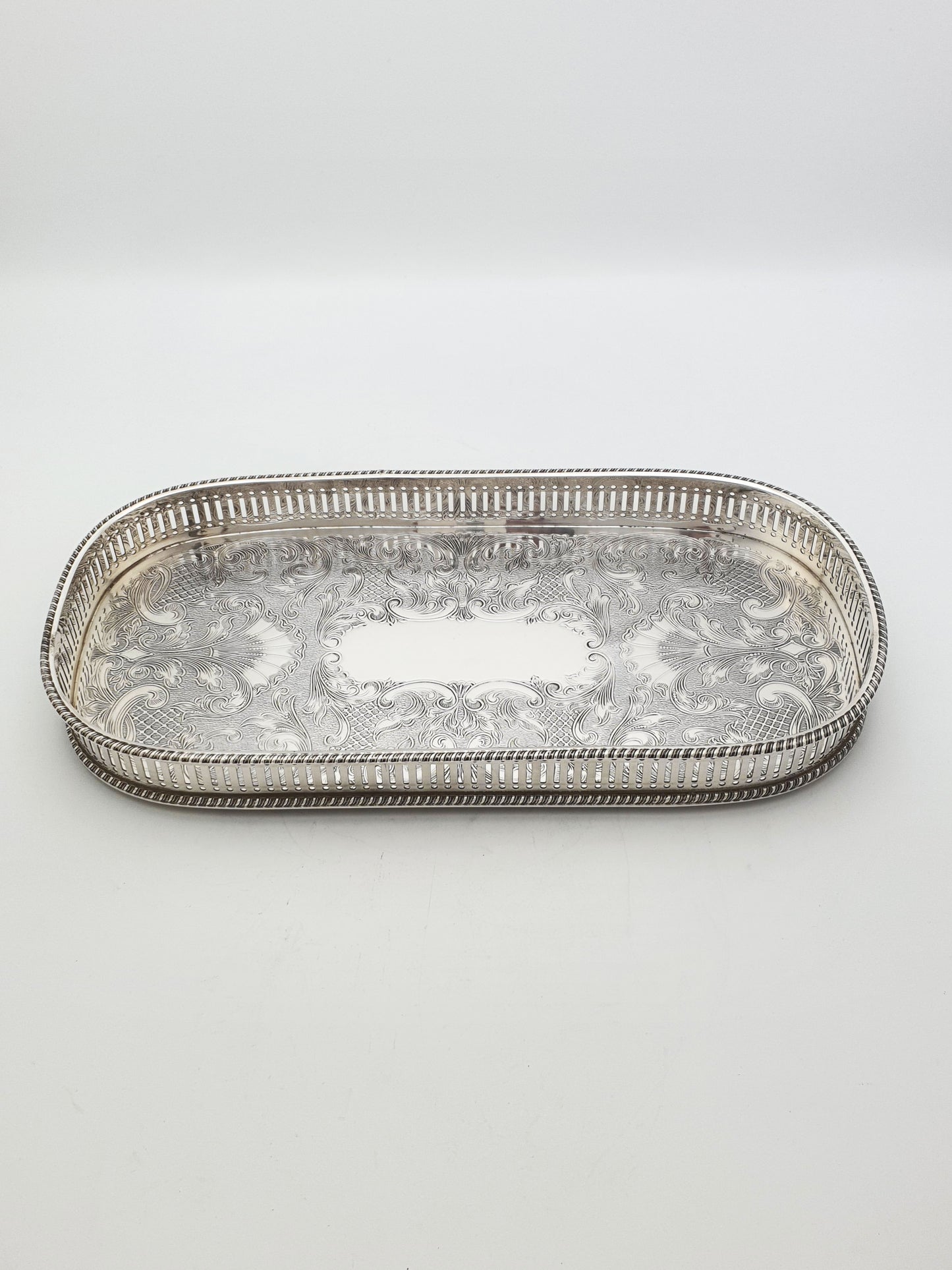 Vintage Silver Plated Oblong Drinks Tray With Engraved Scrollwork – circa 1960