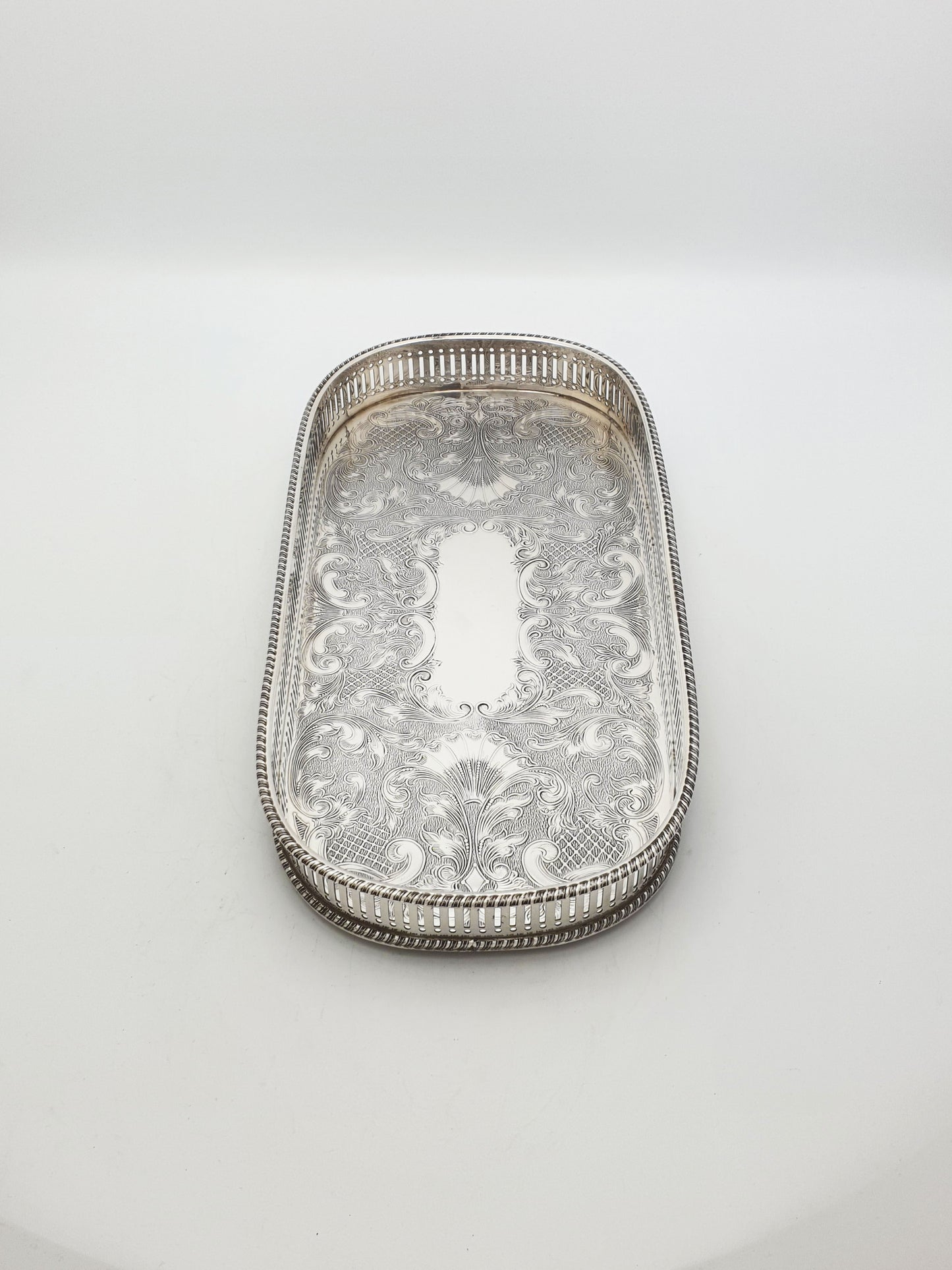 Vintage Silver Plated Oblong Drinks Tray With Engraved Scrollwork – circa 1960