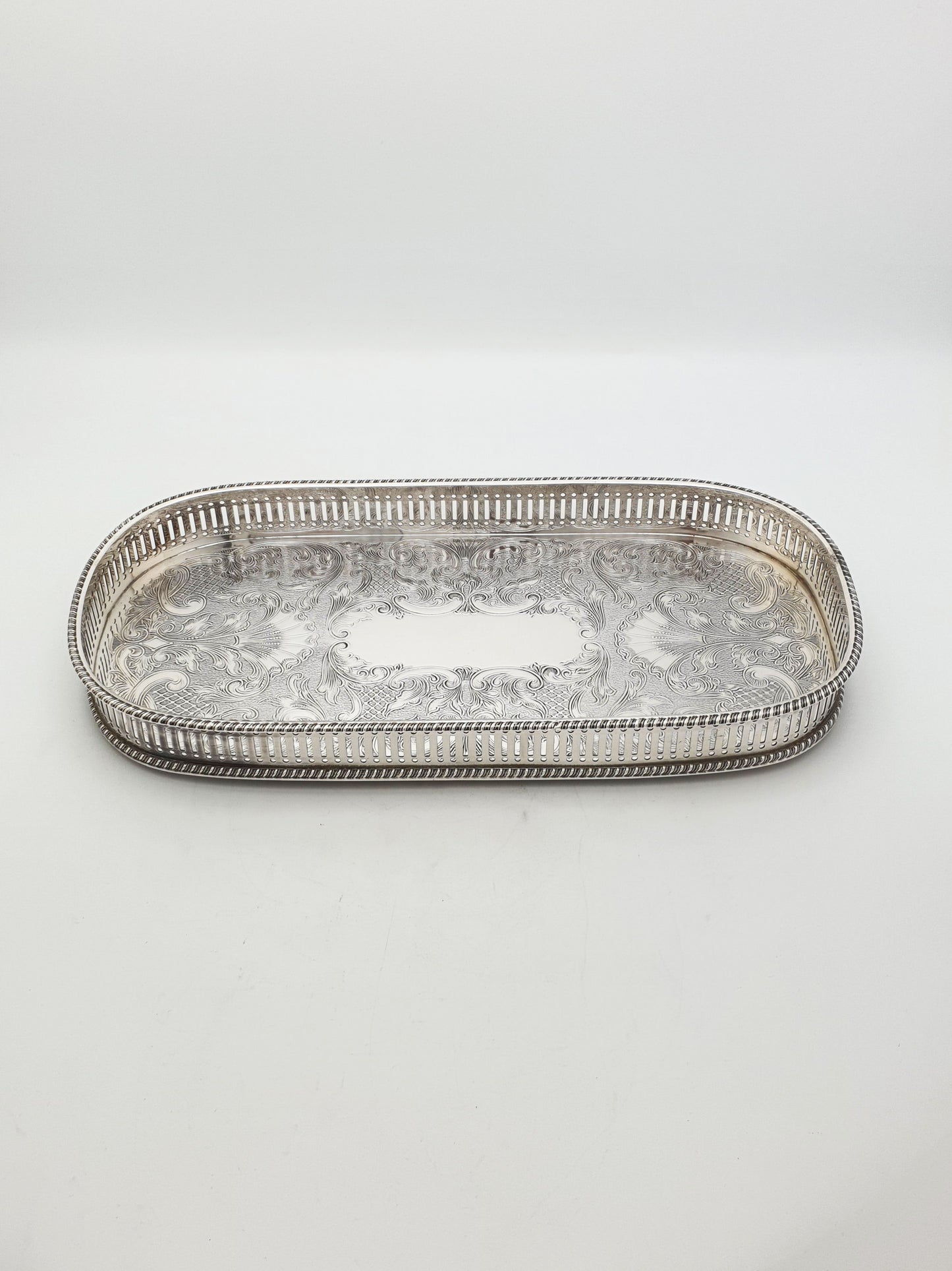 Vintage Silver Plated Oblong Drinks Tray With Engraved Scrollwork – circa 1960