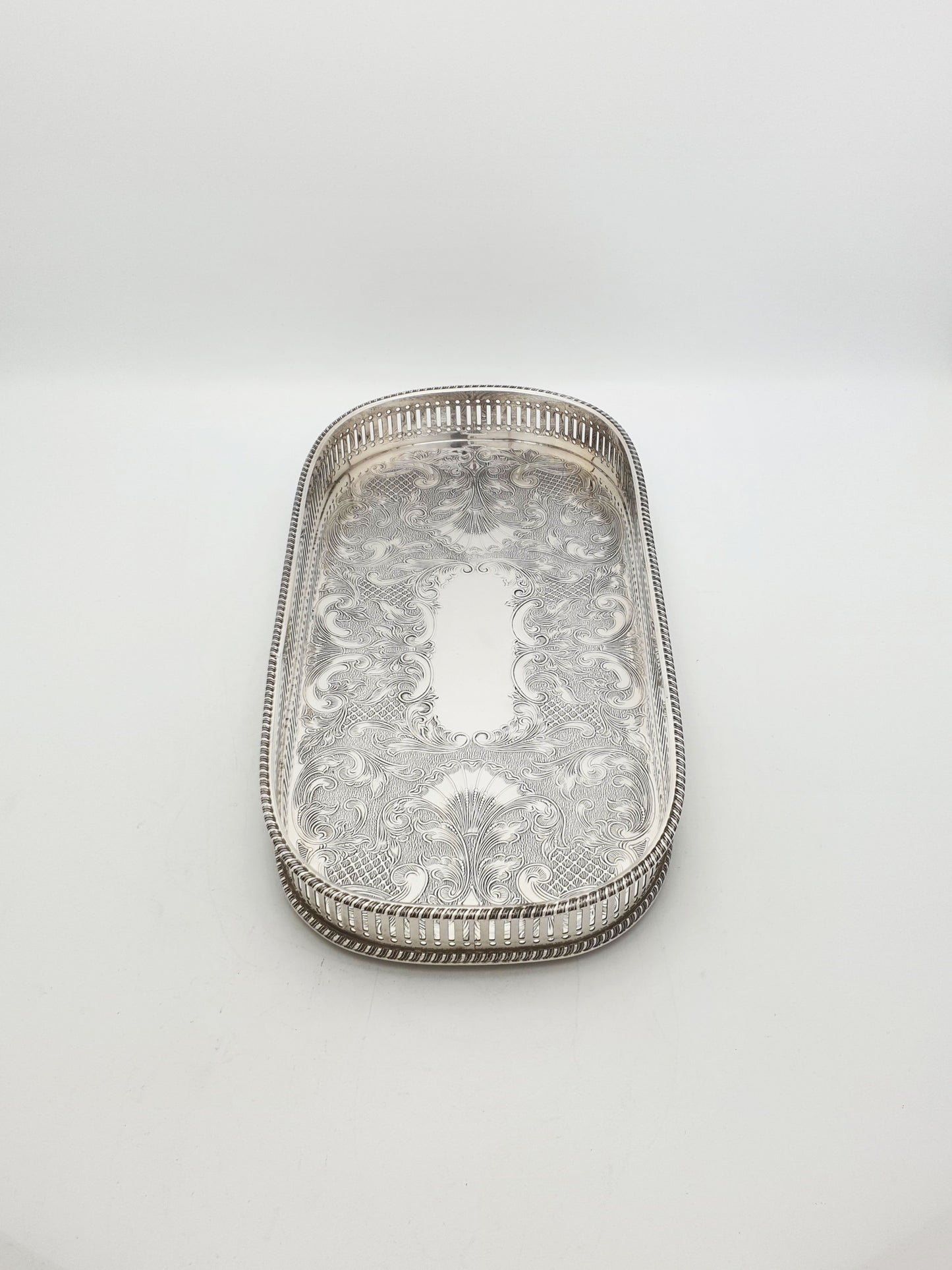 Vintage Silver Plated Oblong Drinks Tray With Engraved Scrollwork – circa 1960