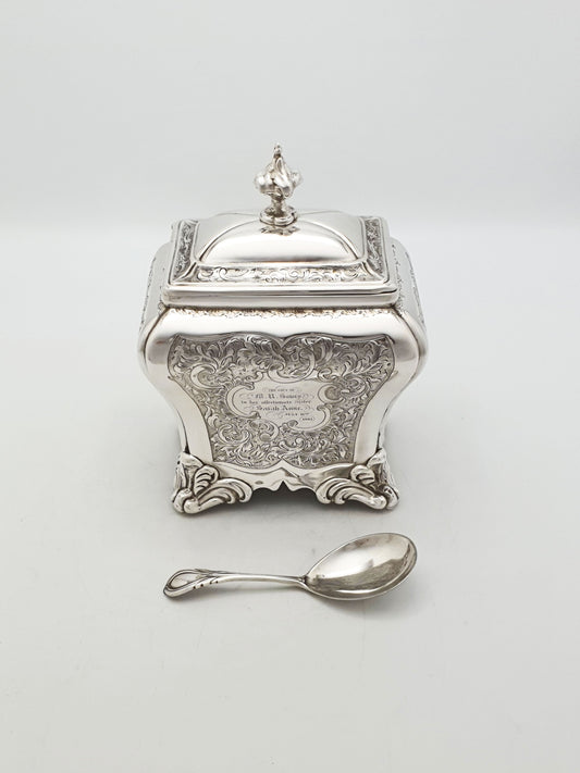 Stunning Antique Victorian Silver Plated Engraved Tea Caddy – 1860