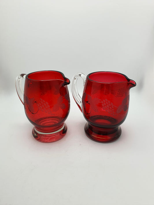 Beautiful Pair of Antique Ruby Red Glass Water Jugs - circa 1920