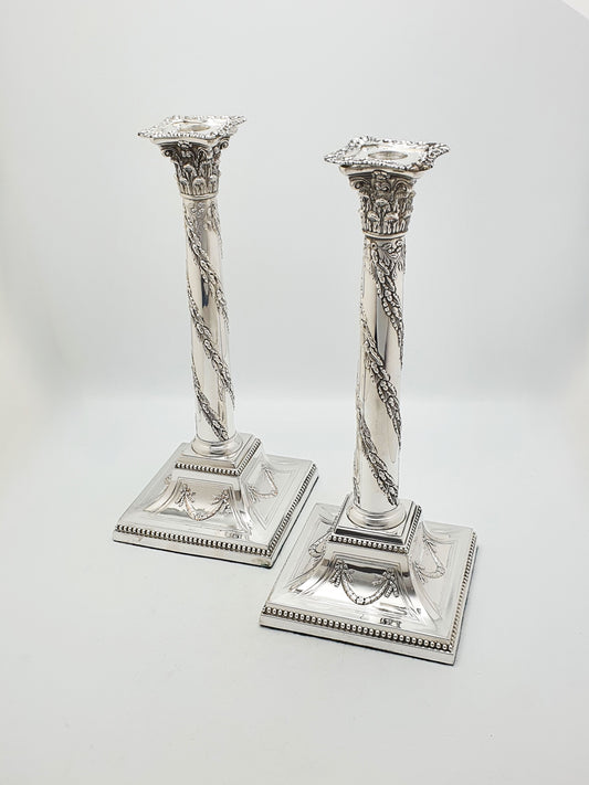 Stunning Pair of Antique Neoclassical Corinthian Column Candlesticks – circa 1880