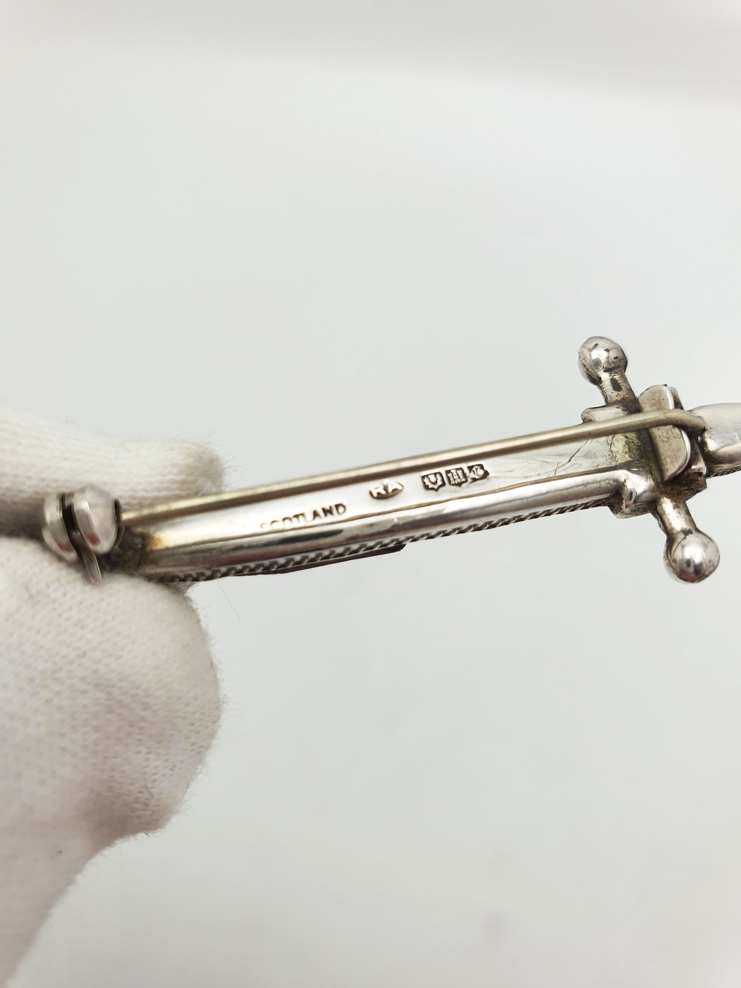 Scottish Sterling Silver Dirk Kilt Pin With Hardstone Inlays – 1960