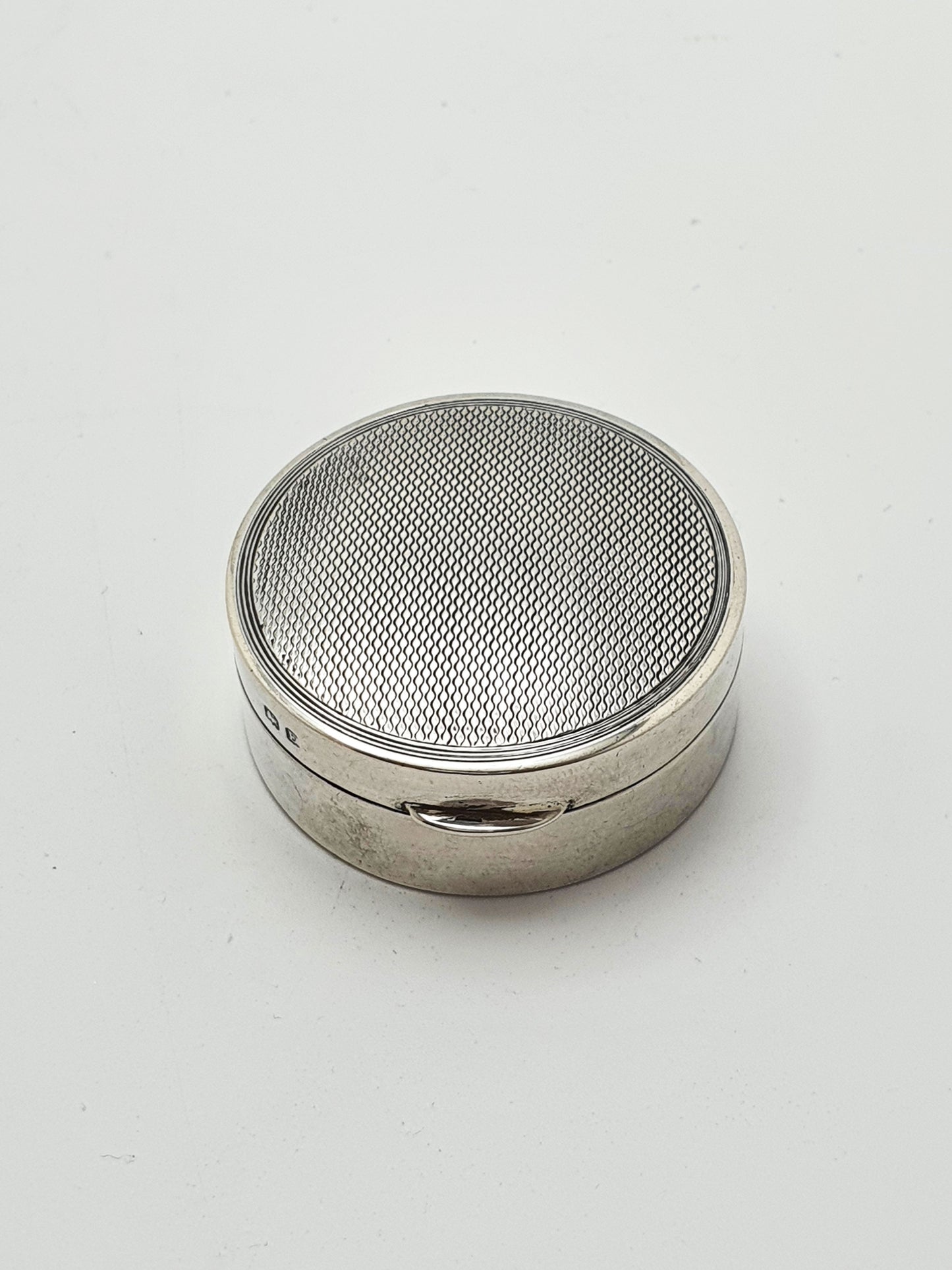 Art Deco Sterling Silver Pill Box with Engine Turned Top - 1929