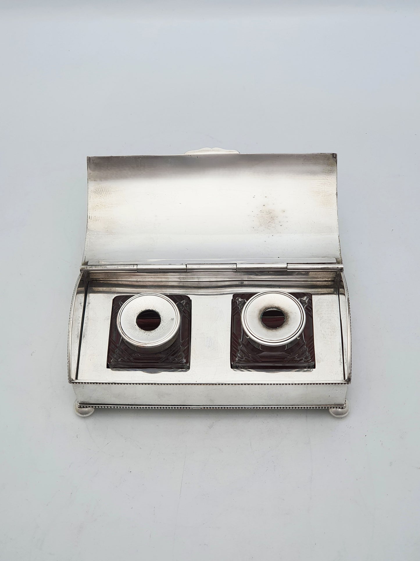 Antique Edwardian Silver Plated Double Inkstand With Cut Glass Inkwells – circa 1905
