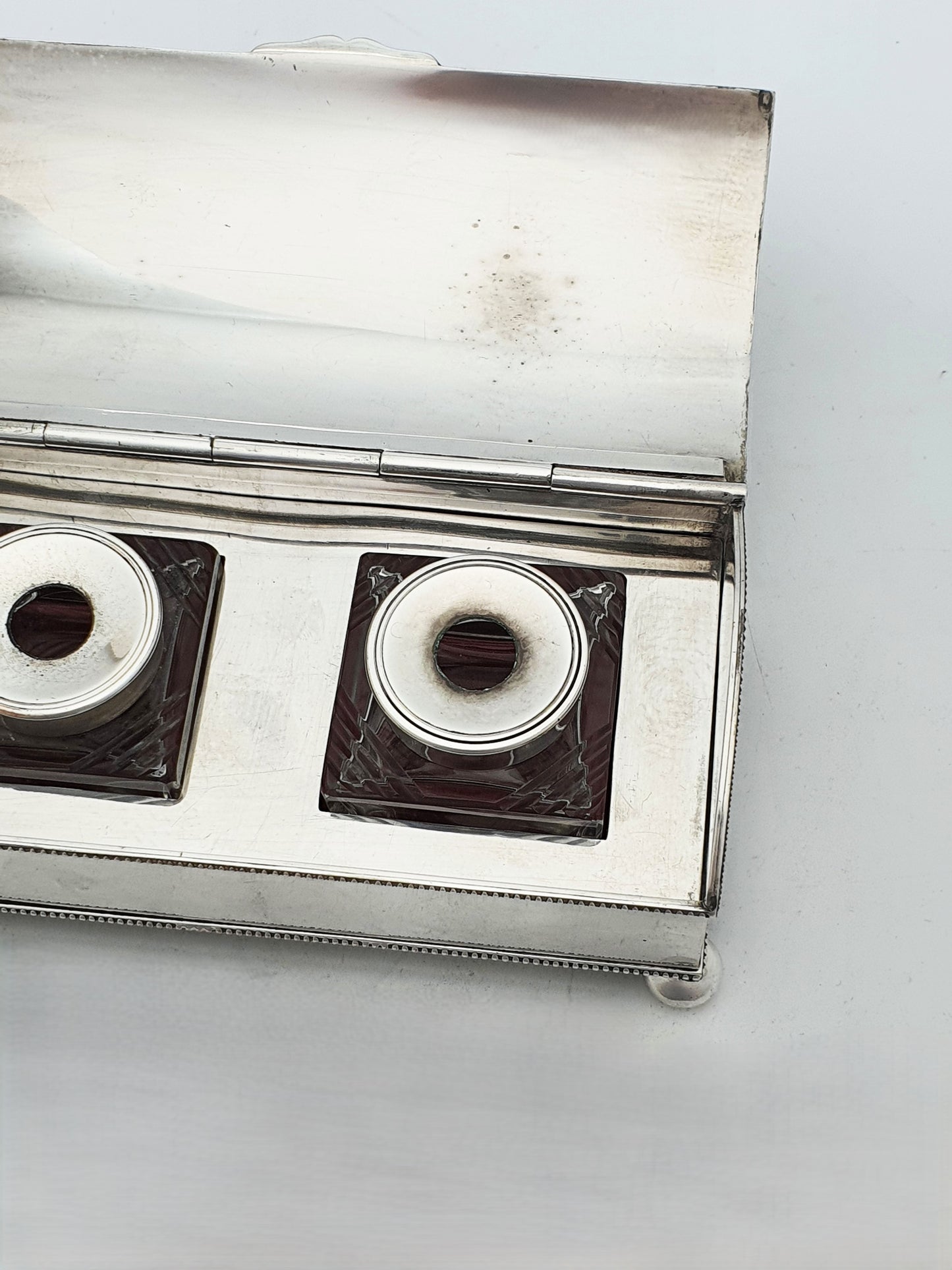 Antique Edwardian Silver Plated Double Inkstand With Cut Glass Inkwells – circa 1905