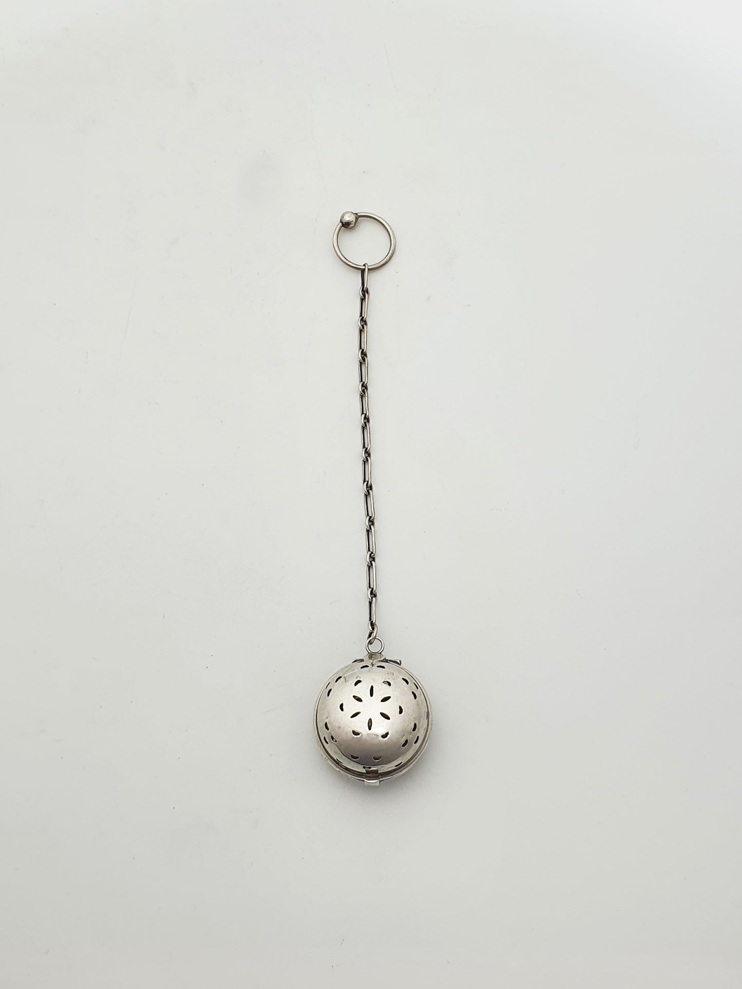 Nice Vintage Sterling Silver Pierced Tea Infuser Ball With Chain – circa 1950