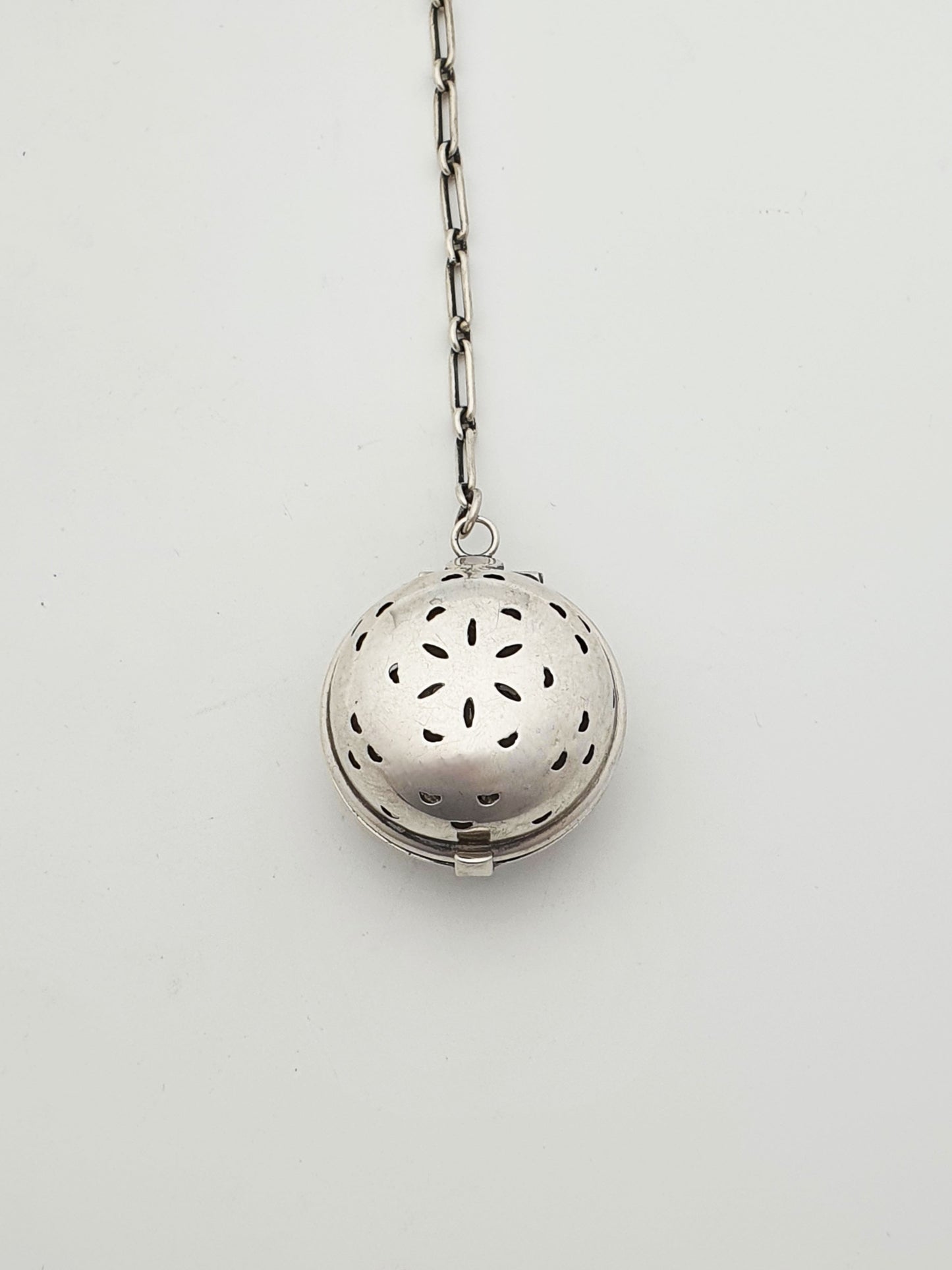 Nice Vintage Sterling Silver Pierced Tea Infuser Ball With Chain – circa 1950