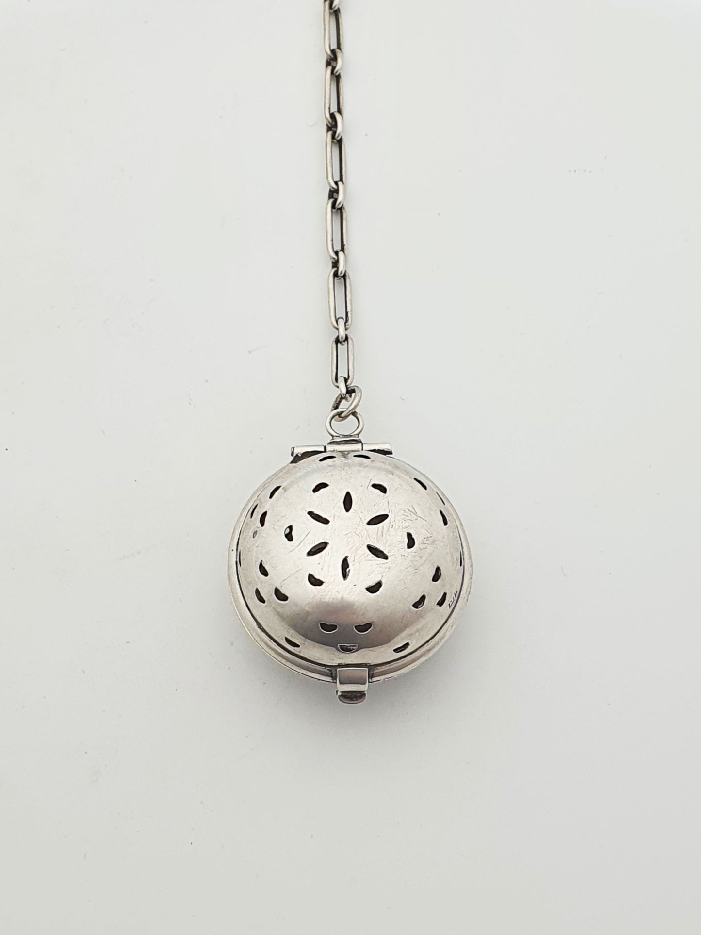 Nice Vintage Sterling Silver Pierced Tea Infuser Ball With Chain – circa 1950