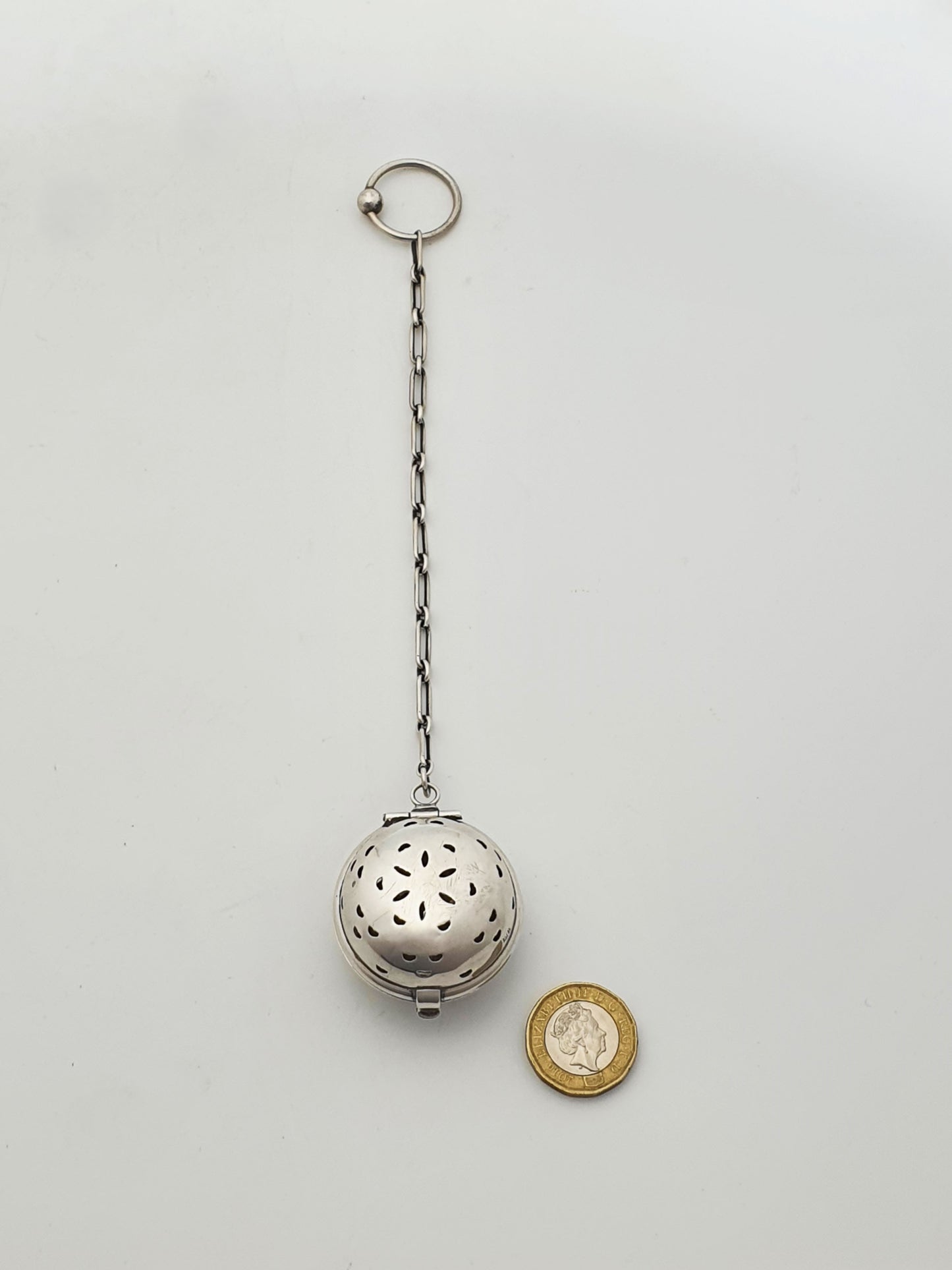 Nice Vintage Sterling Silver Pierced Tea Infuser Ball With Chain – circa 1950