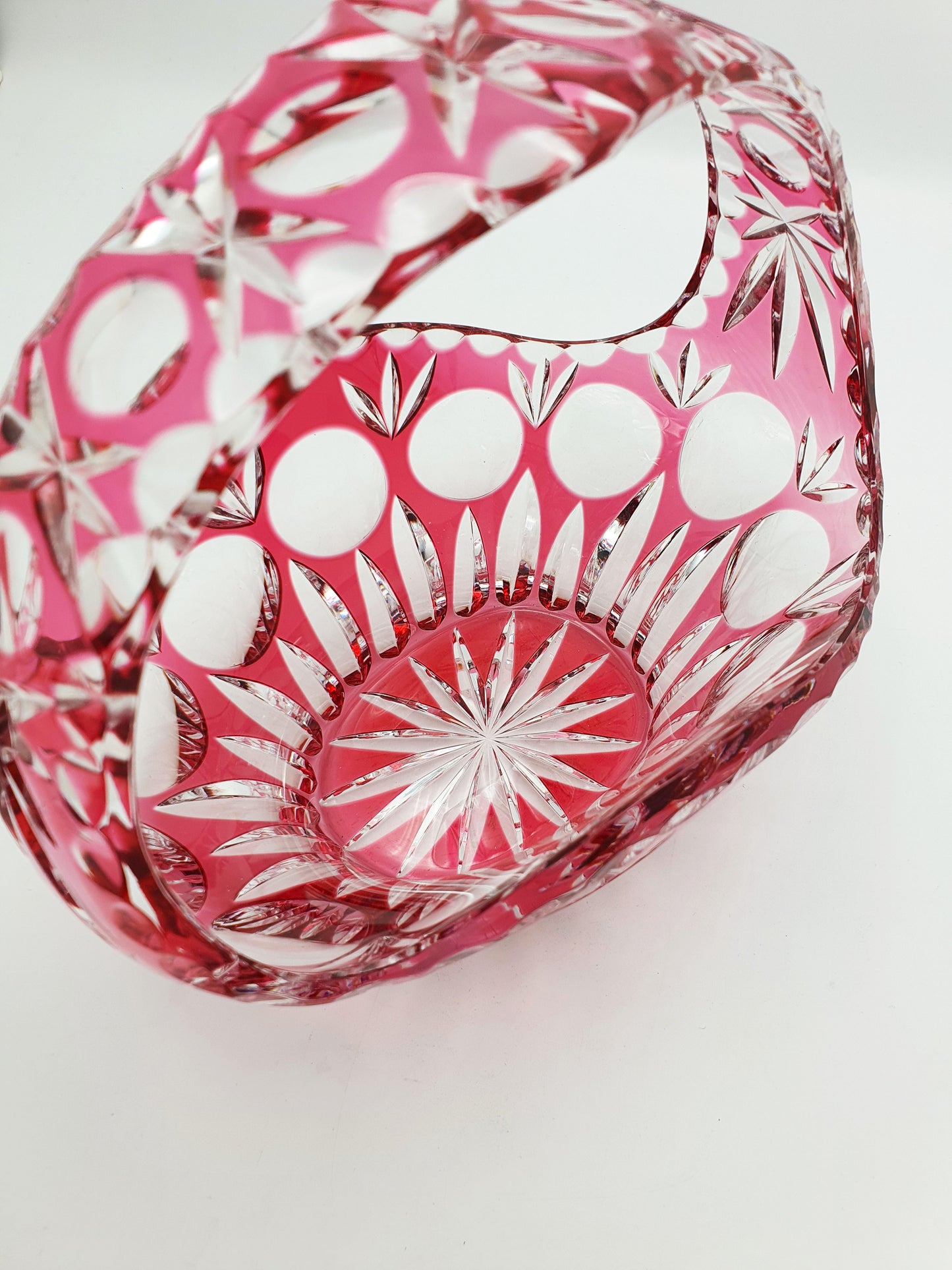 Lovely Vintage Cut Crystal Cranberry Basket Bowl – circa 1960