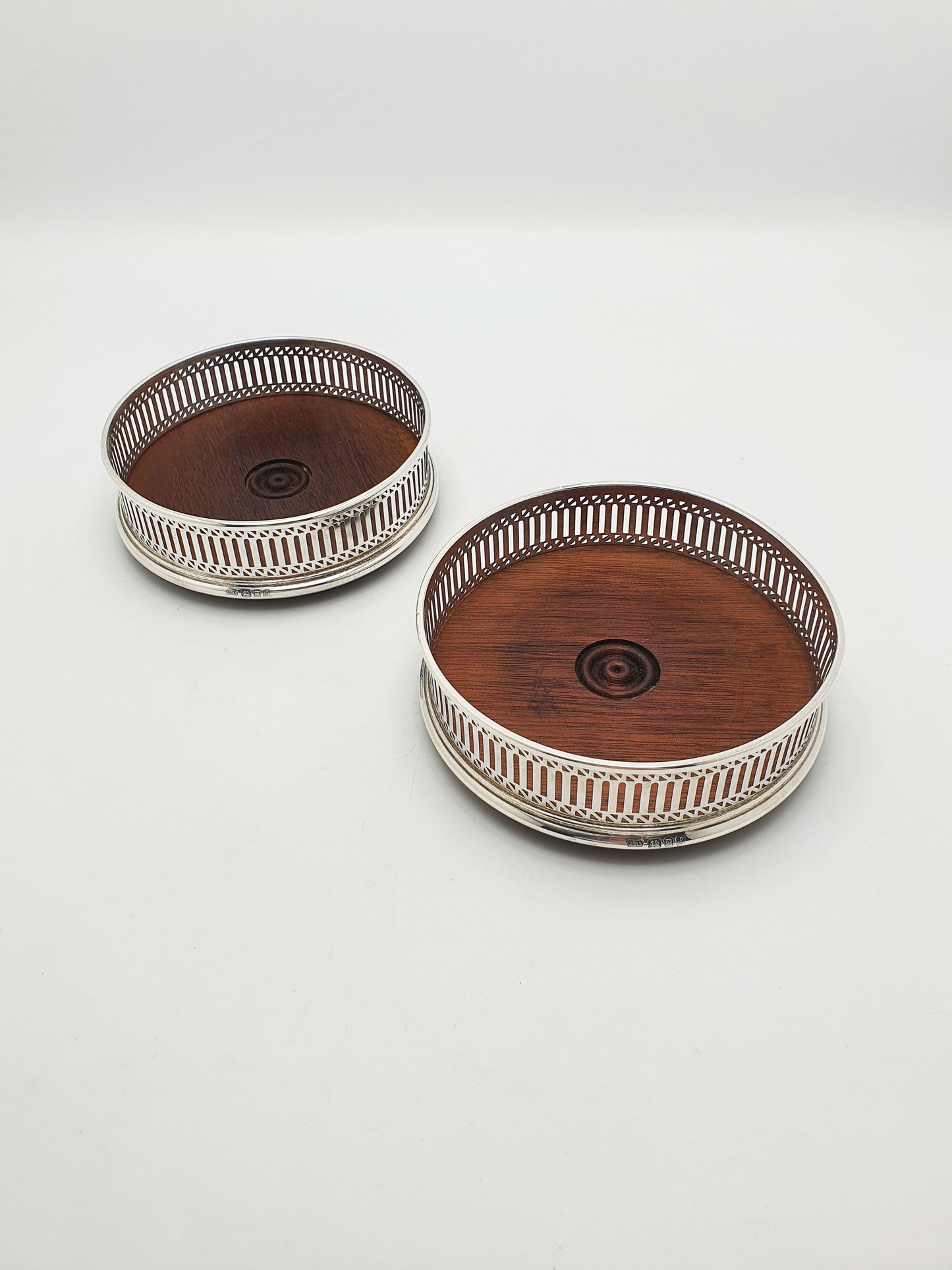 Pair of Vintage Sterling  Silver Mounted Mahogany Wine Coasters - 1985