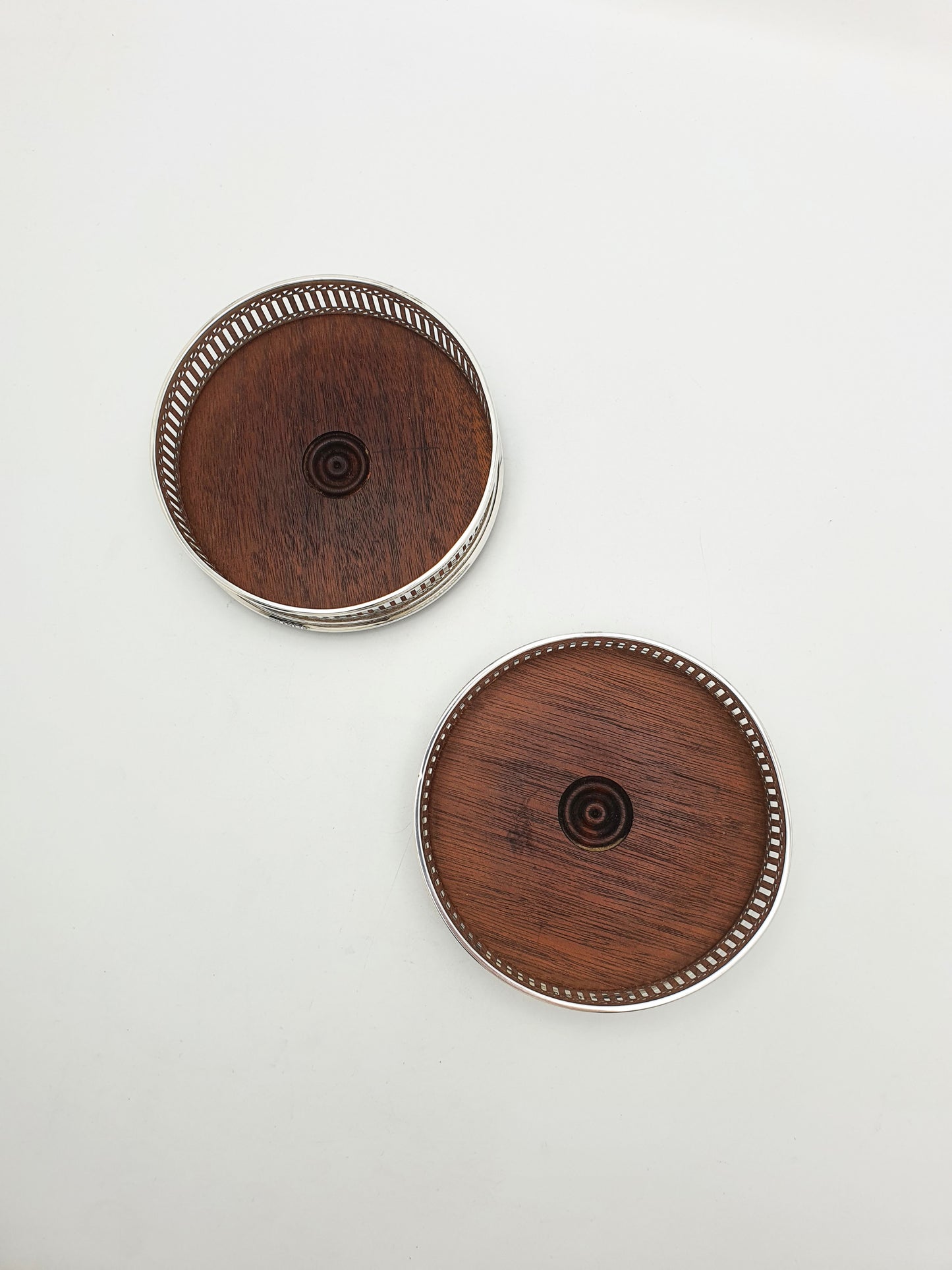 Pair of Vintage Sterling  Silver Mounted Mahogany Wine Coasters - 1985