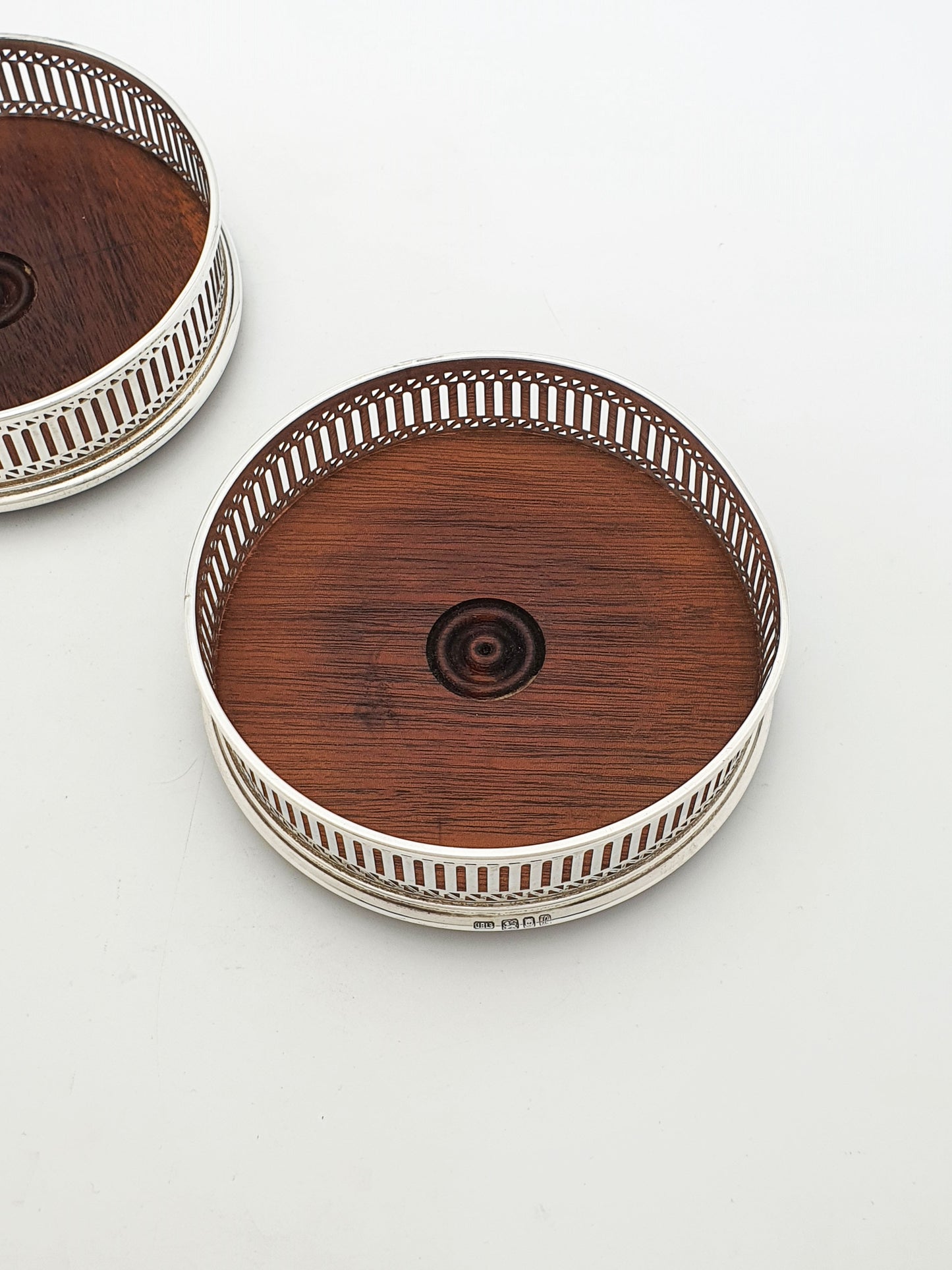 Pair of Vintage Sterling  Silver Mounted Mahogany Wine Coasters - 1985