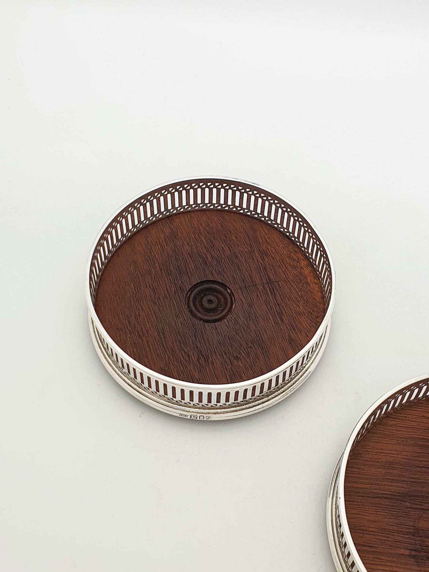 Pair of Vintage Sterling  Silver Mounted Mahogany Wine Coasters - 1985