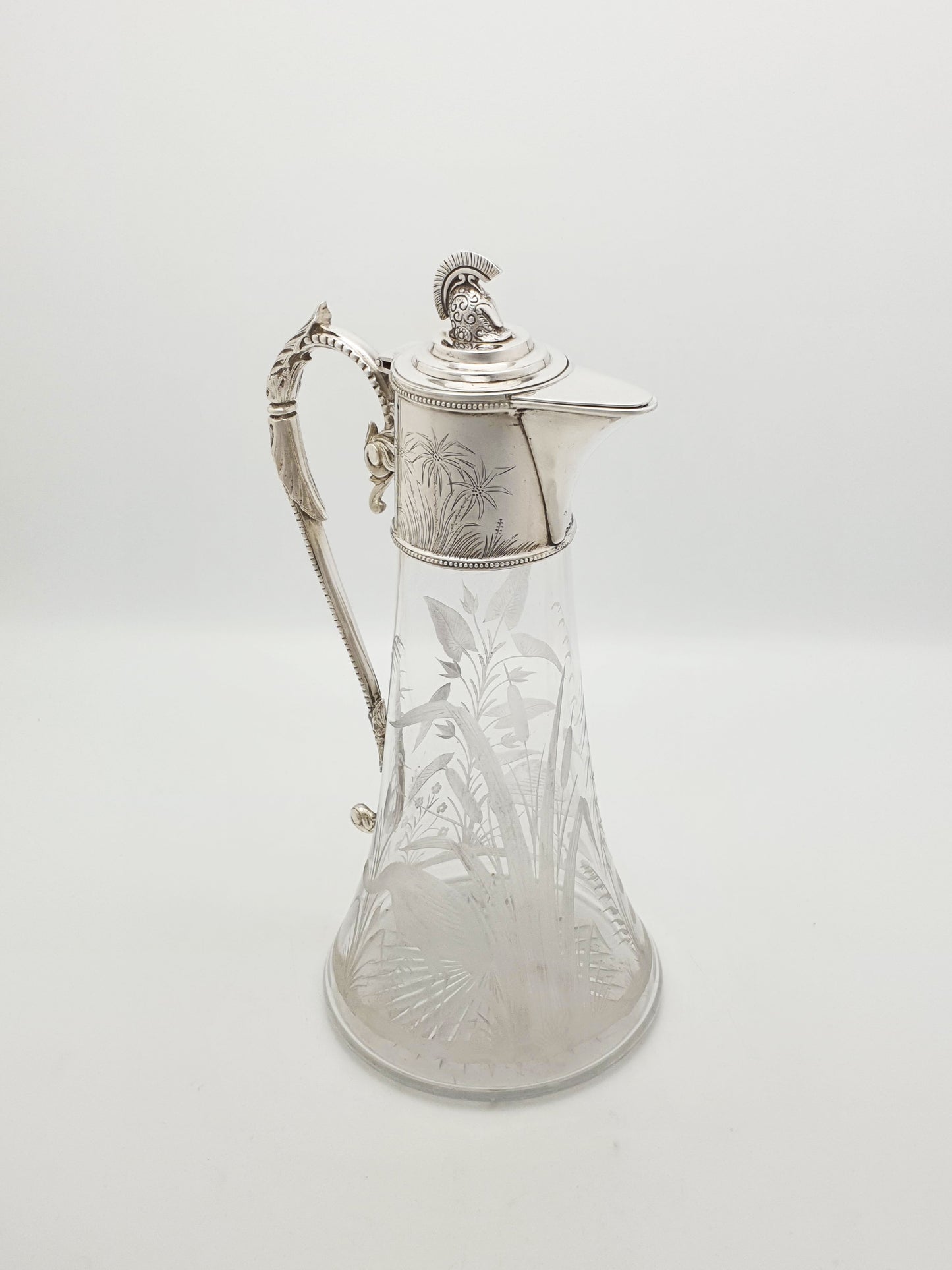Splendid Grand Tour Etched Glass Claret Jug With Helmet Finial – circa 1870