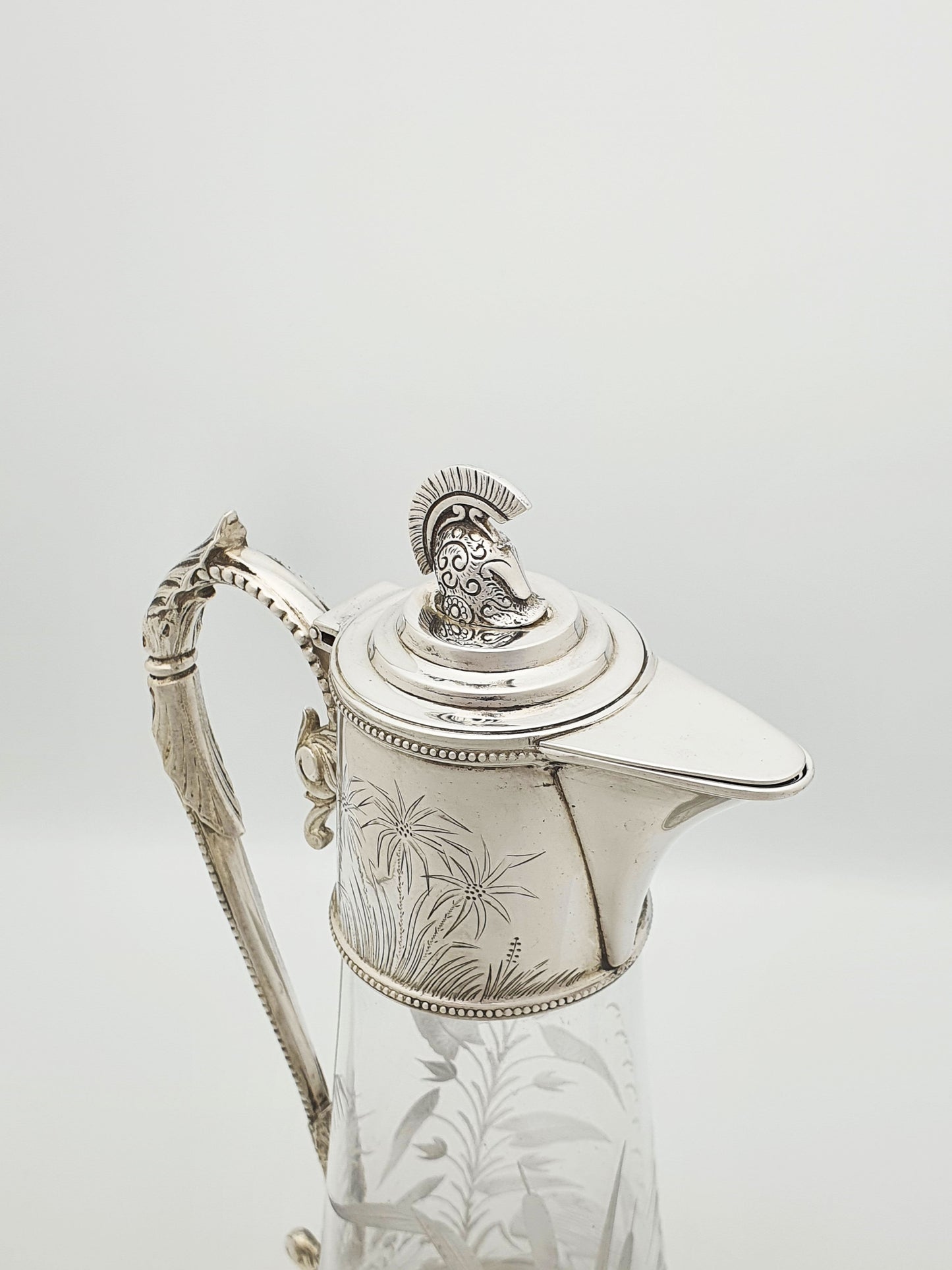Splendid Grand Tour Etched Glass Claret Jug With Helmet Finial – circa 1870