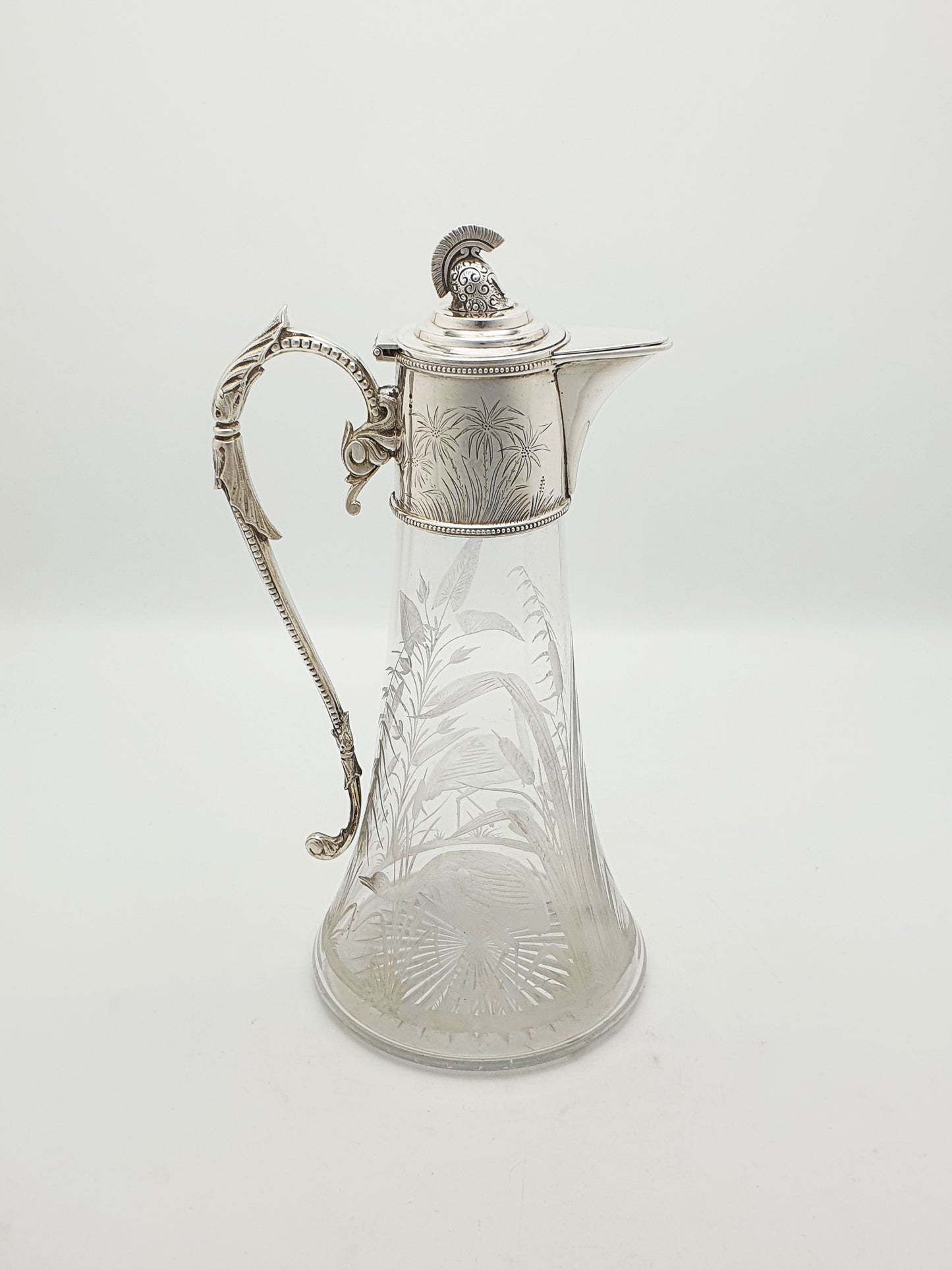 Splendid Grand Tour Etched Glass Claret Jug With Helmet Finial – circa 1870